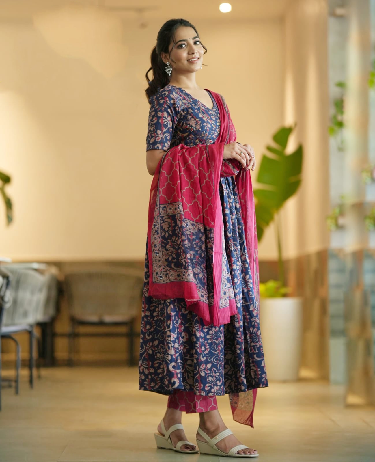 Ethnic Set Women Floral Anarkali Printed  Kurta and Pant Set With Dupatta