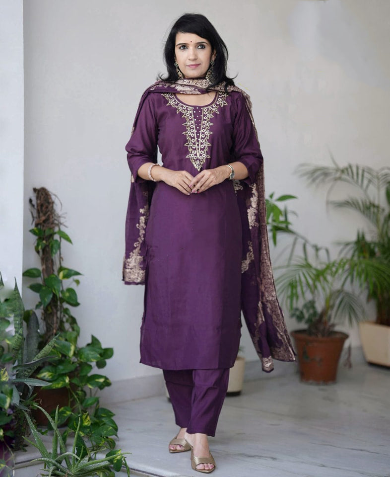 Ethnic Set Women Embroidered Wine Kurta and Pant Set With Dupatta