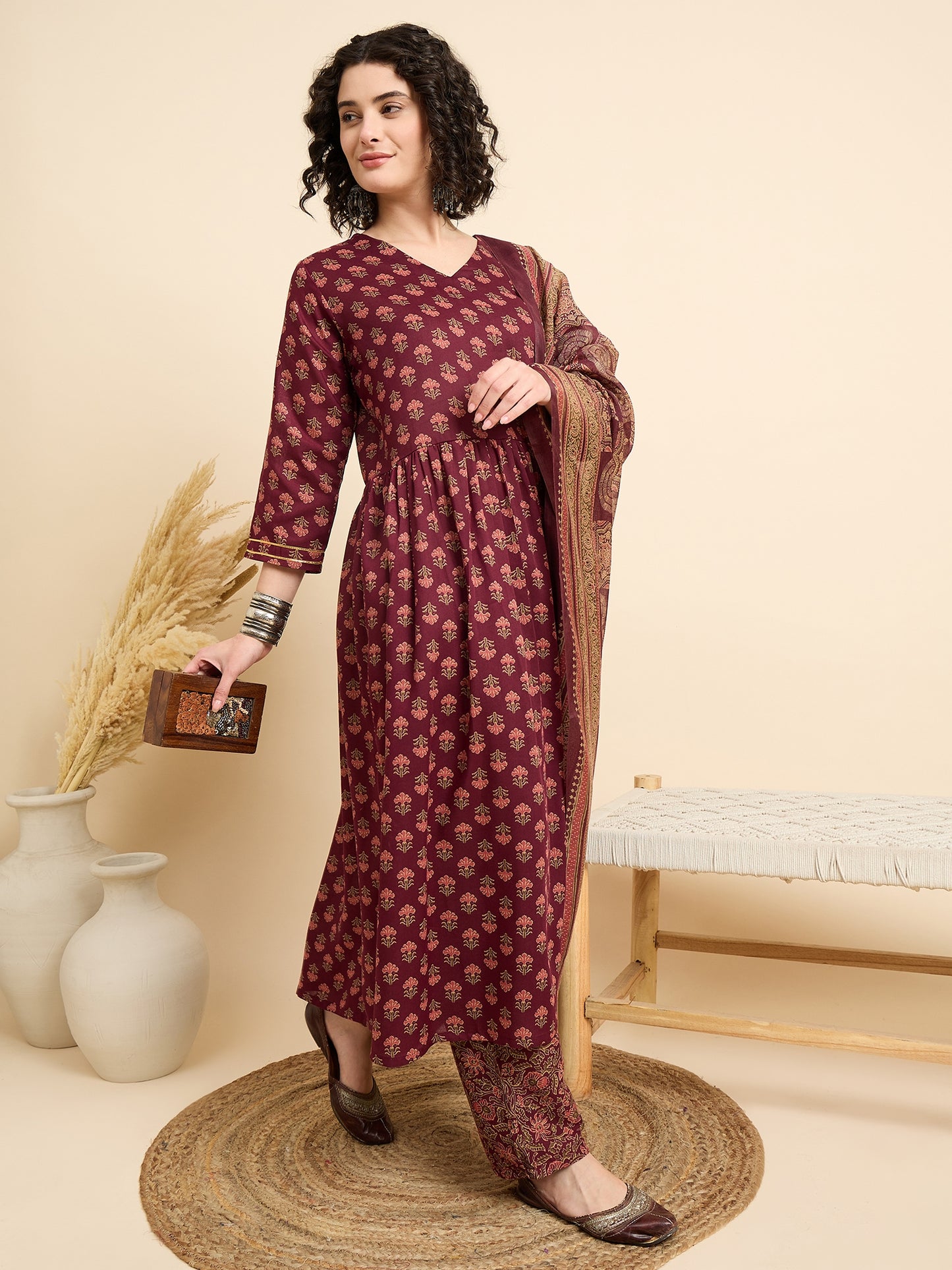 Ethnic Set Women Printed A-Line Kurta And Pant Set With Dupatta