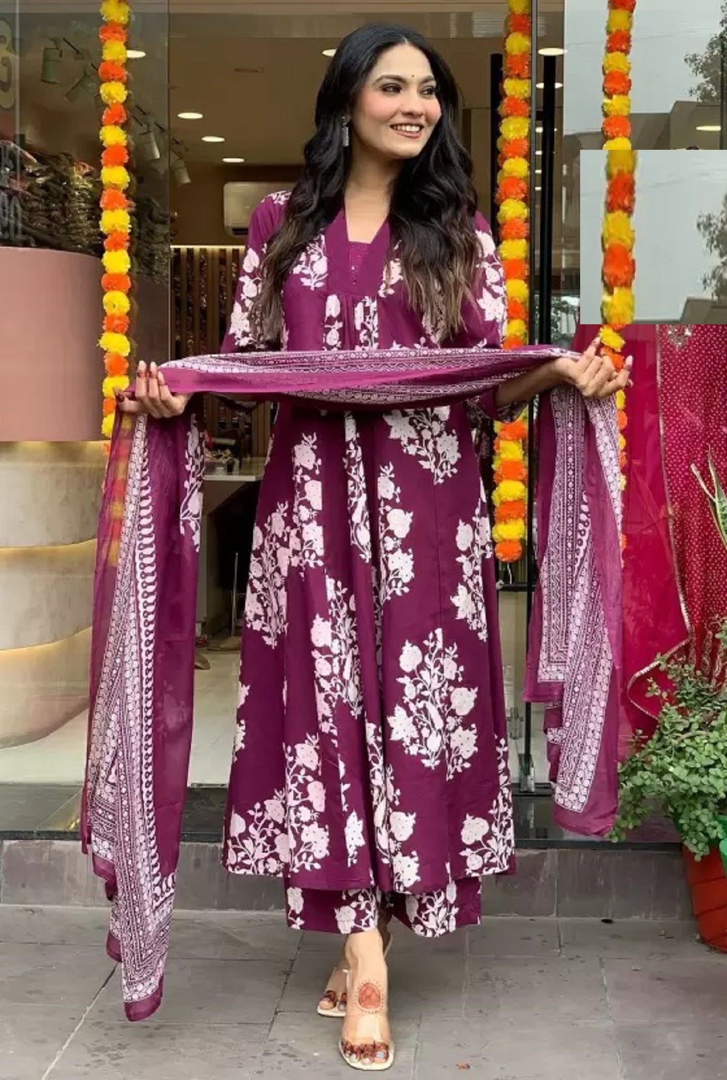 Ethnic Set Women Printed A-Line Purple Kurta and Pant Set With Dupatta