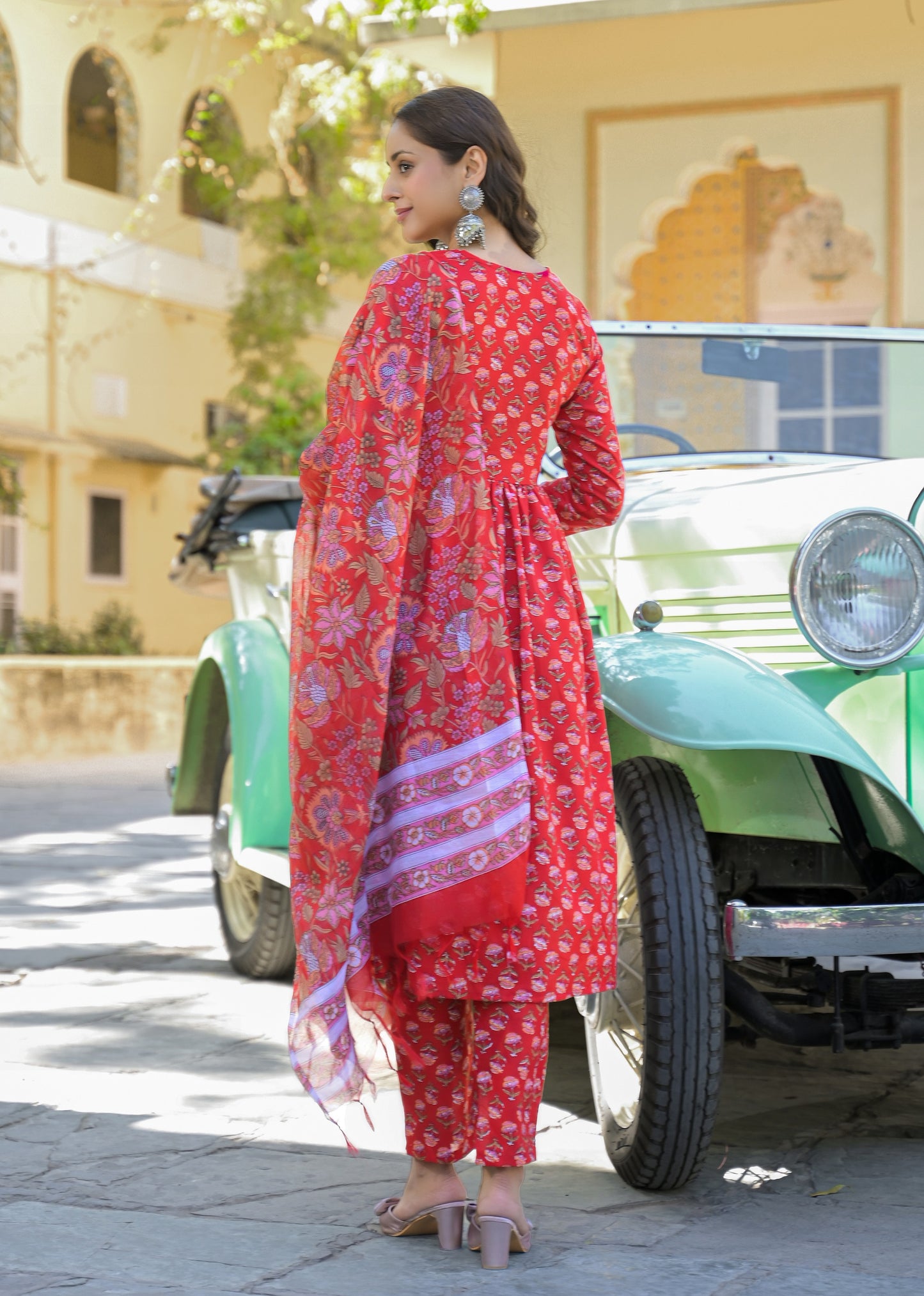 Ethnic Set Women Printed Anarkali Red Kurta And Pant Set With Dupatta
