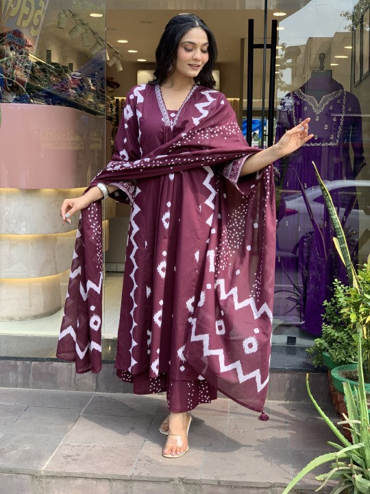 Ethnic Set Women Printed A-Line Purple Kurta and Pant Set With Dupatta