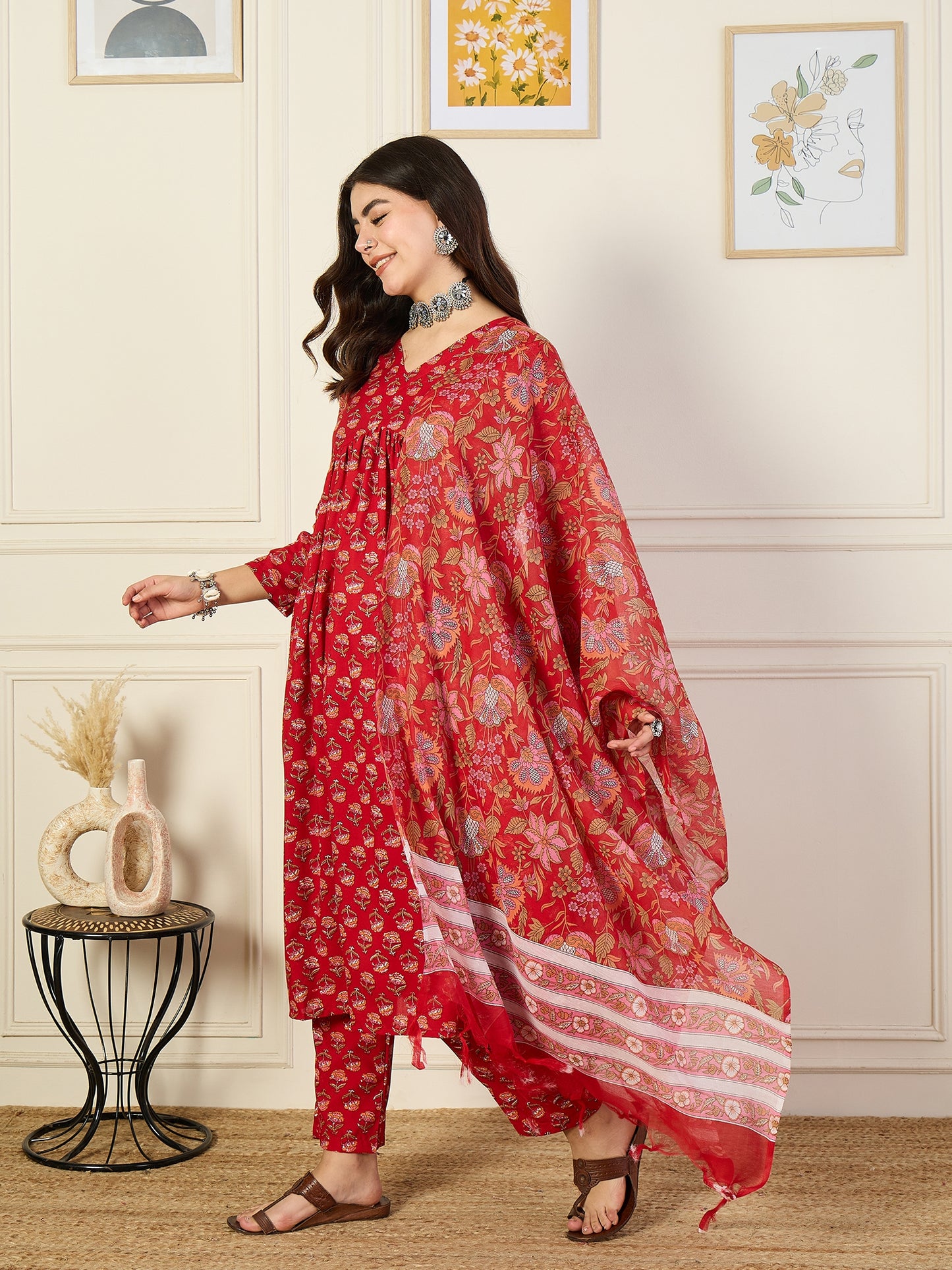 Ethnic Set Women Printed Anarkali Red Kurta and Pant Set With Dupatta