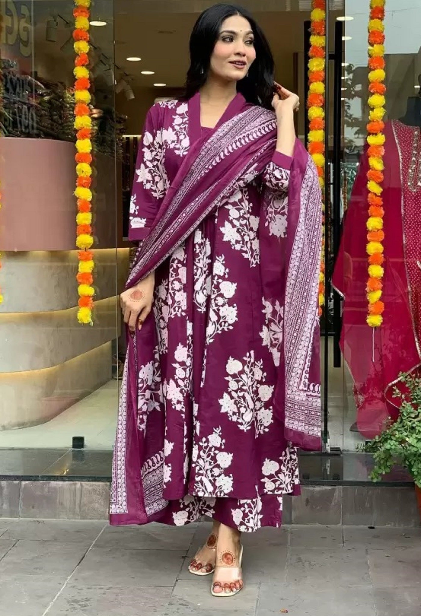 Ethnic Set Women Printed A-Line Purple Kurta and Pant Set With Dupatta