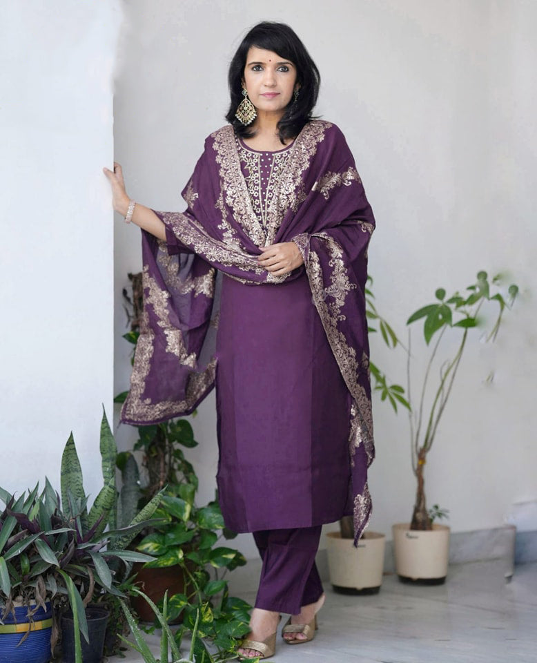 Ethnic Set Women Embroidered Wine Kurta and Pant Set With Dupatta