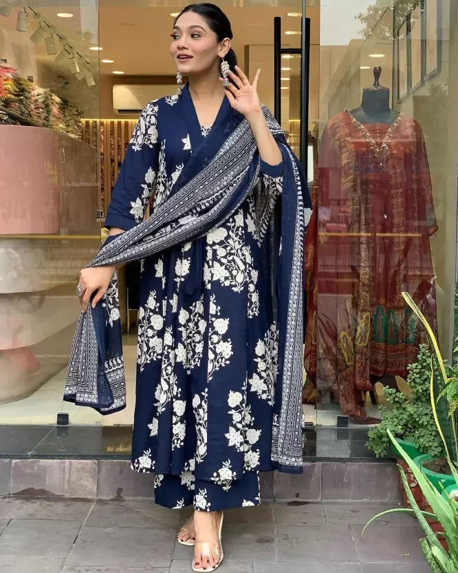 Ethnic Set Women Printed A-Line Blue Kurta and Pant Set With Dupatta