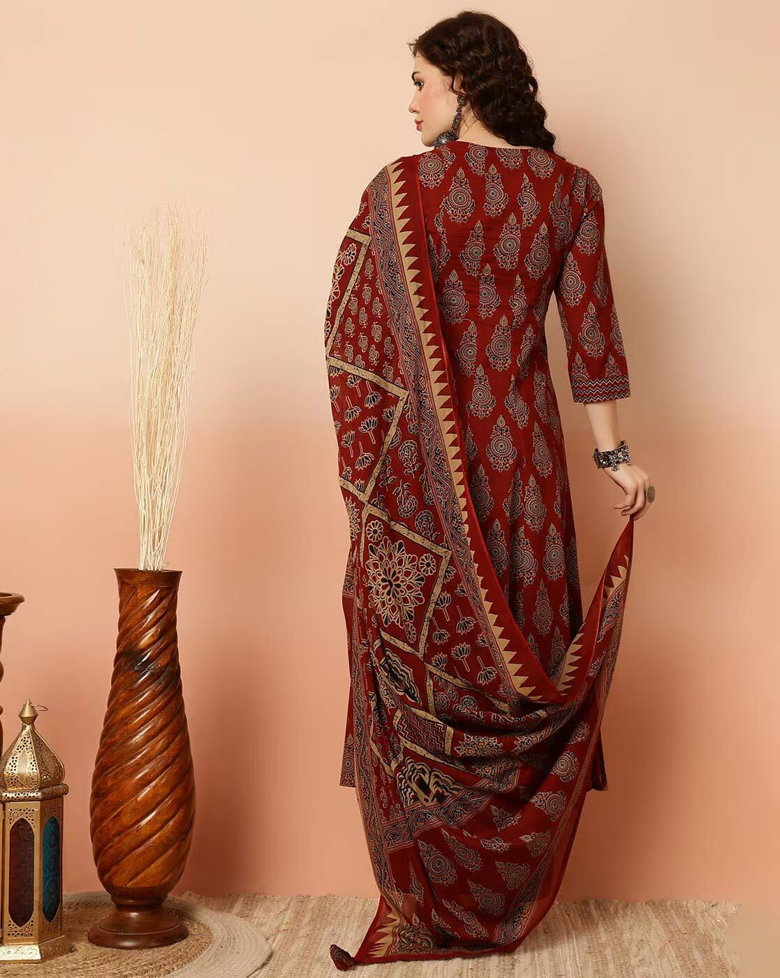 Ethnic Set Women Printed Anarkali Red Kurta and Pant Set With Dupatta