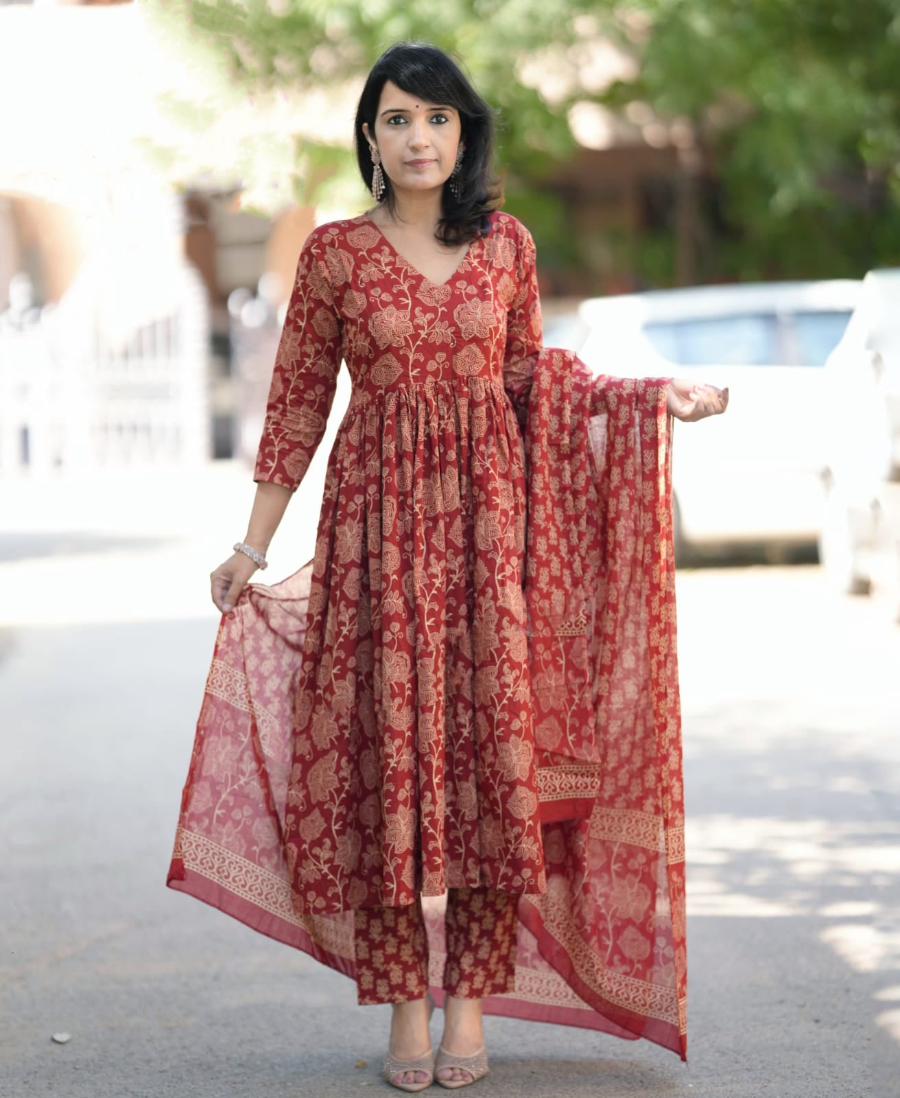 Ethnic Set Women Floral Anarkali Printed Red Kurta and Pant Set With Dupatta