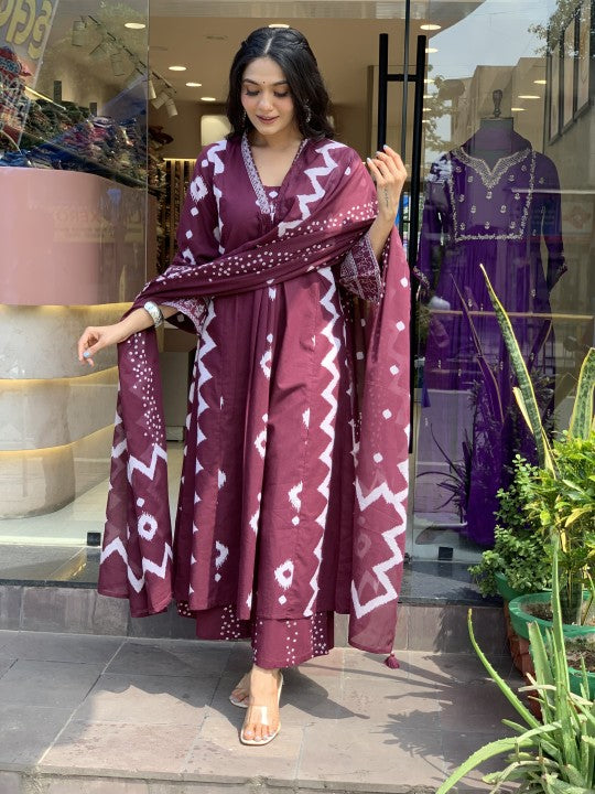 Ethnic Set Women Printed A-Line Purple Kurta and Pant Set With Dupatta