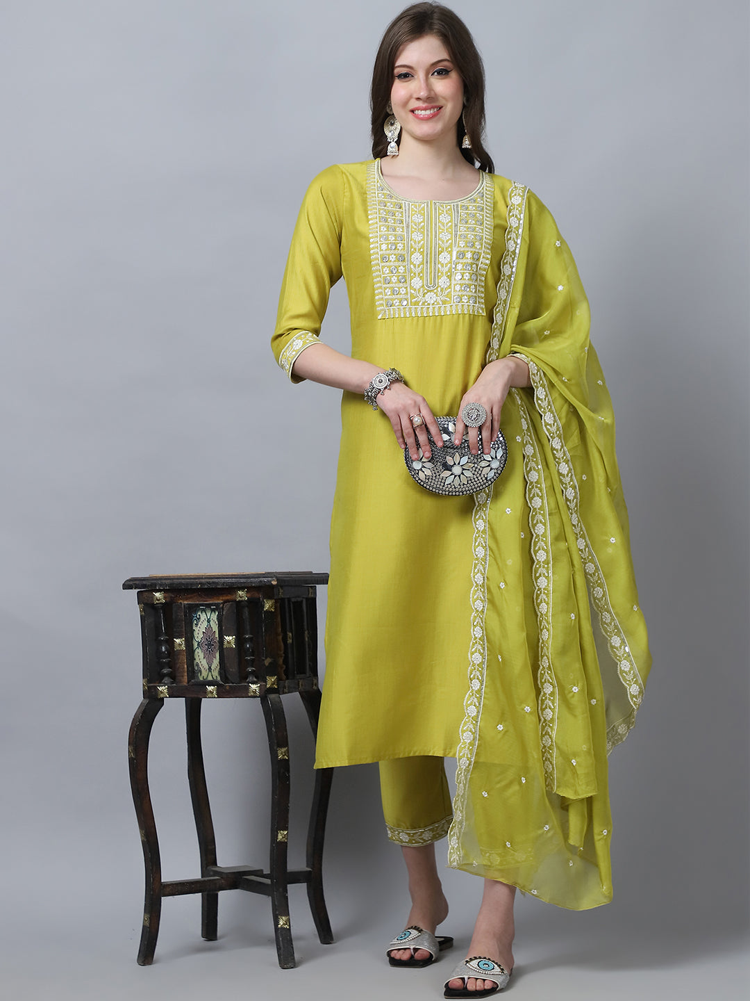 Ethnic Set Women Embroidery Straight Kurta and Pant set with Dupatta - Ethnic Set