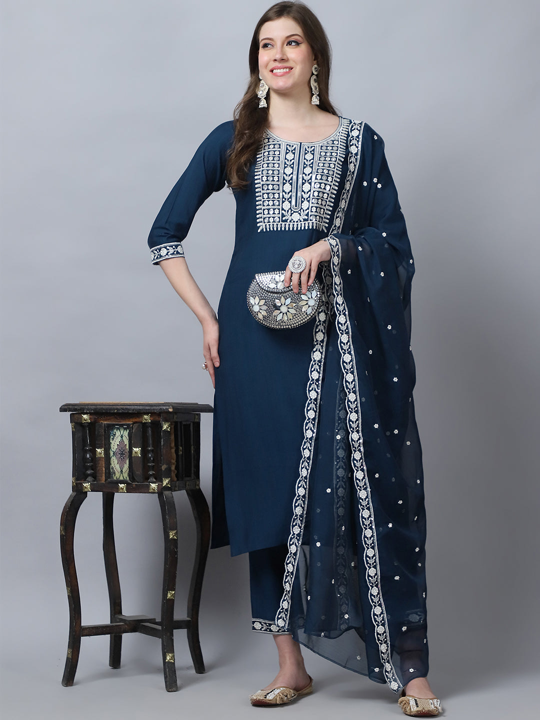 Ethnic Set Women Embroidery Straight Kurta and Pant set with Dupatta - Ethnic Set