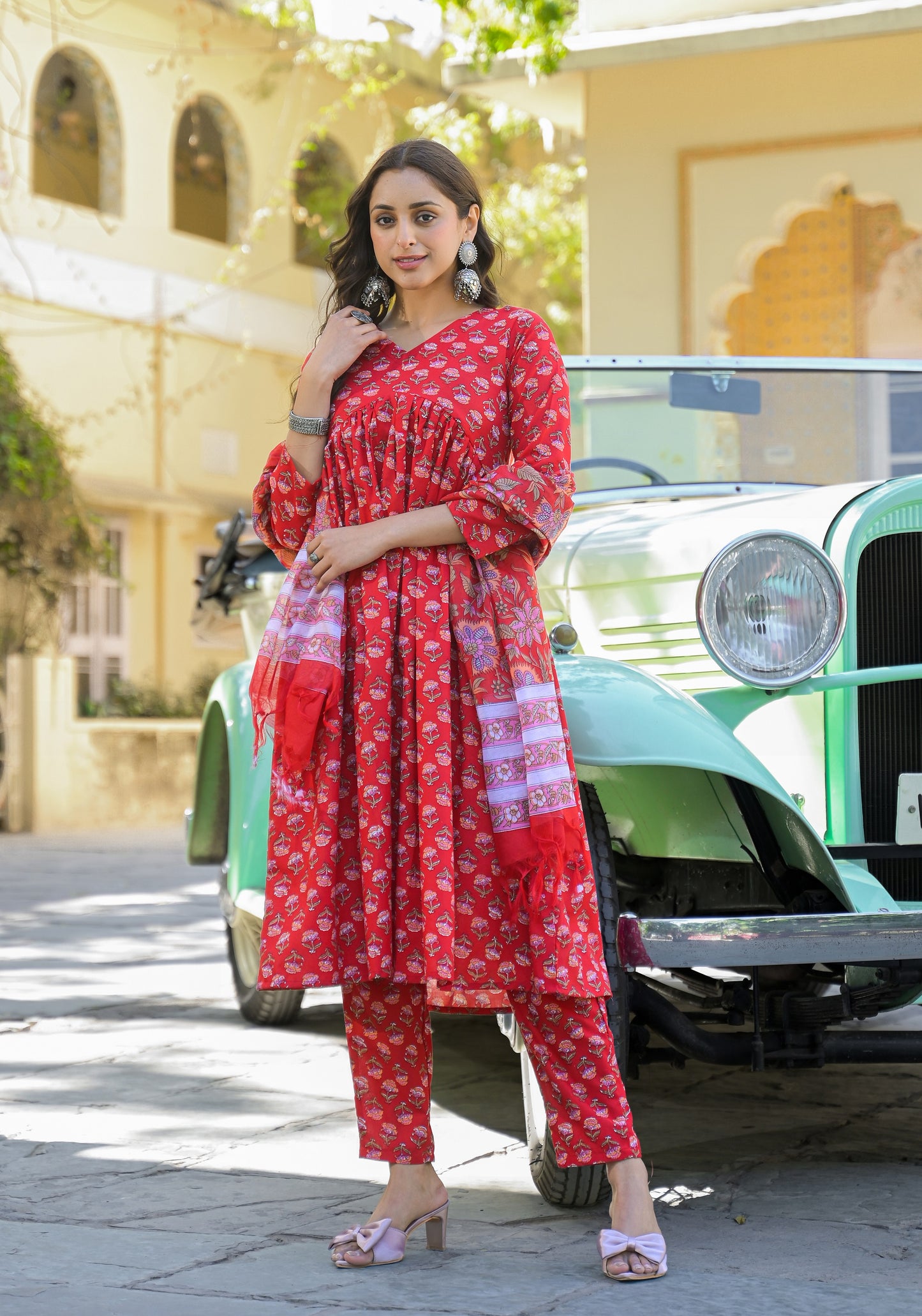 Ethnic Set Women Printed Anarkali Red Kurta And Pant Set With Dupatta