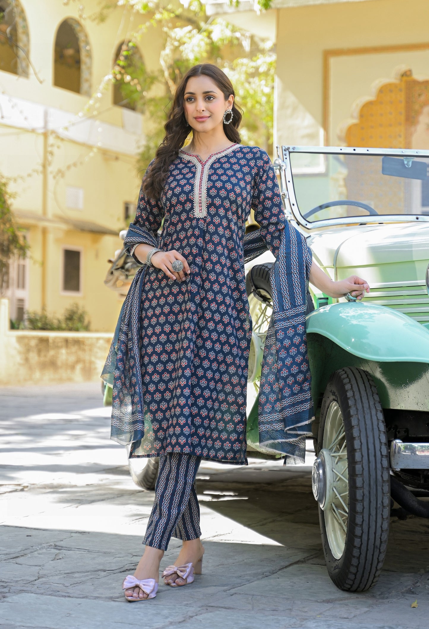 Ethnic Set Women Printed Straight Blue Kurta And Pant Set With Dupatta