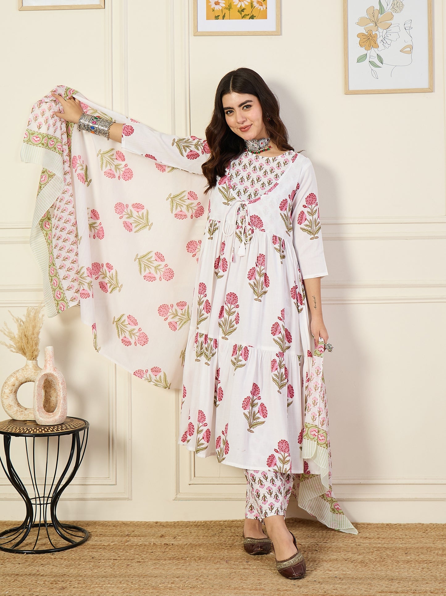 Ethnic Set Women Printed Anarkali White Kurta and Pant Set With Dupatta