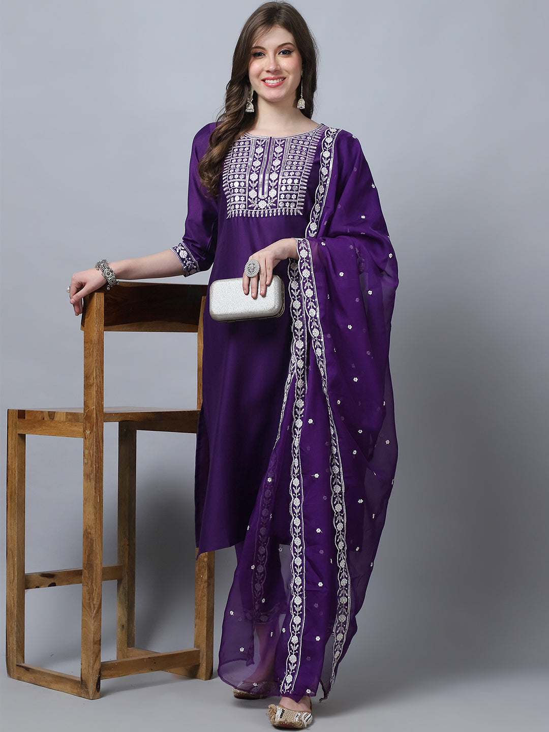 Ethnic Set Women Embroidery Straight Kurta and Pant set with Dupatta - Ethnic Set