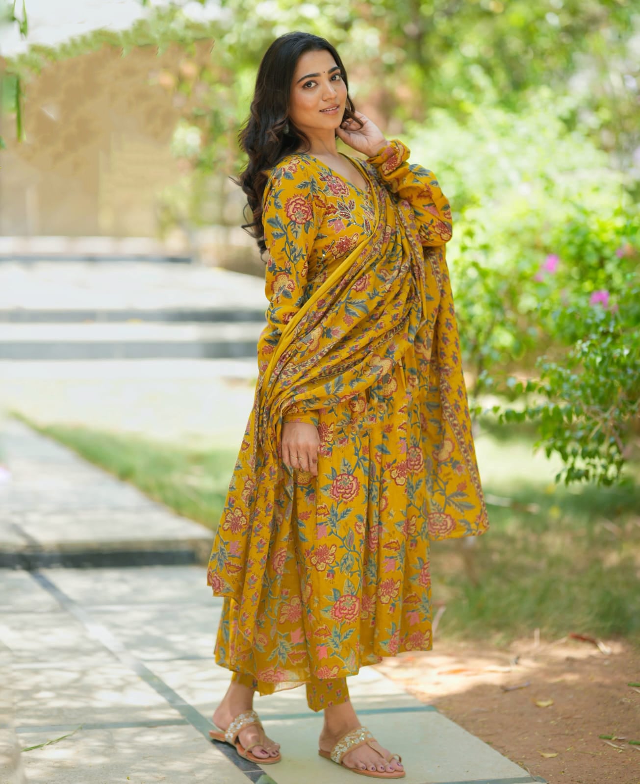 Ethnic Set Women Printed Floral Anarkali Yellow Kurta and Pant Set With Dupatta