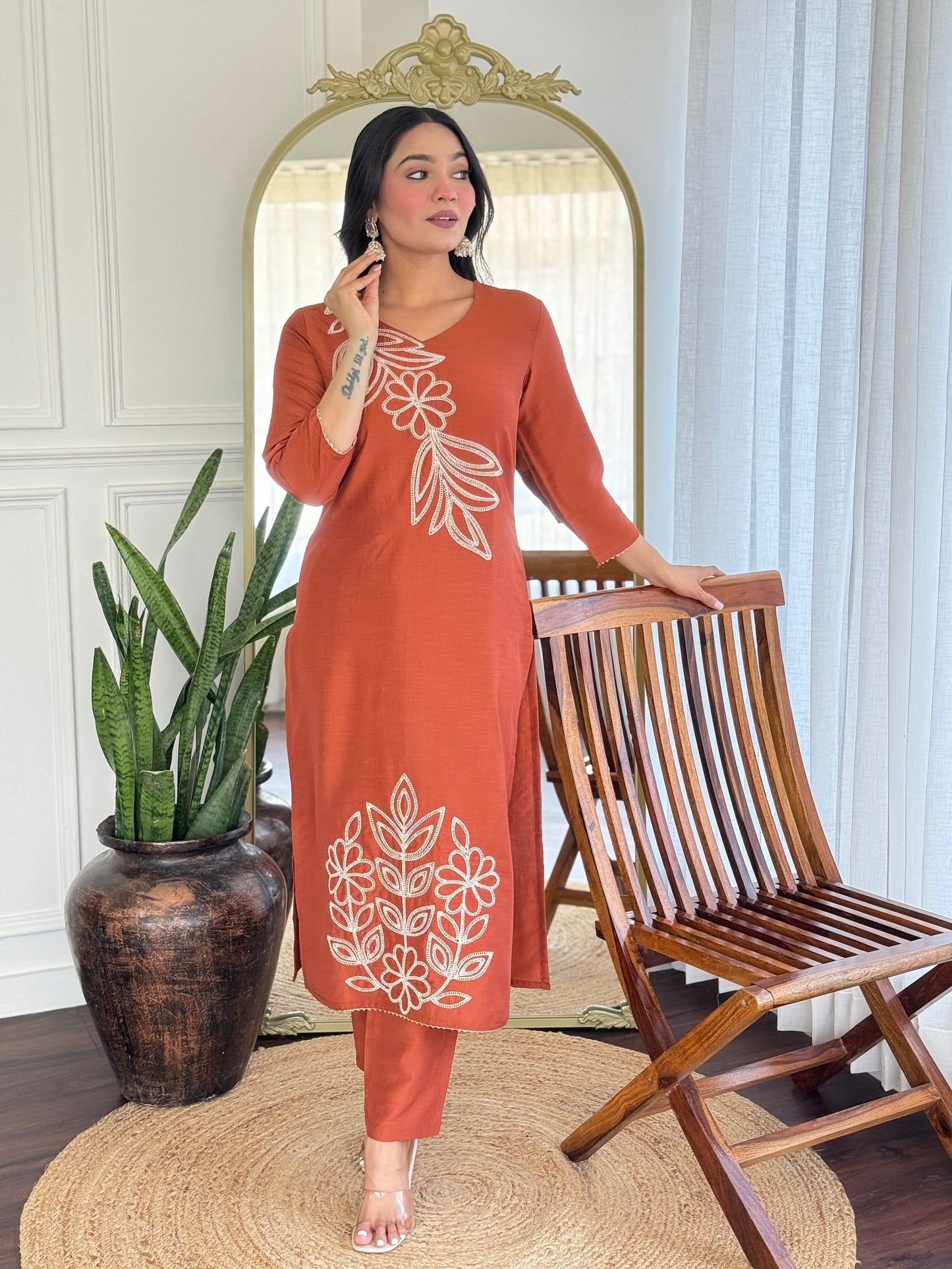 Ethnic Set Women Silk Embroidery Straight Kurta and Pant Set with dupatta