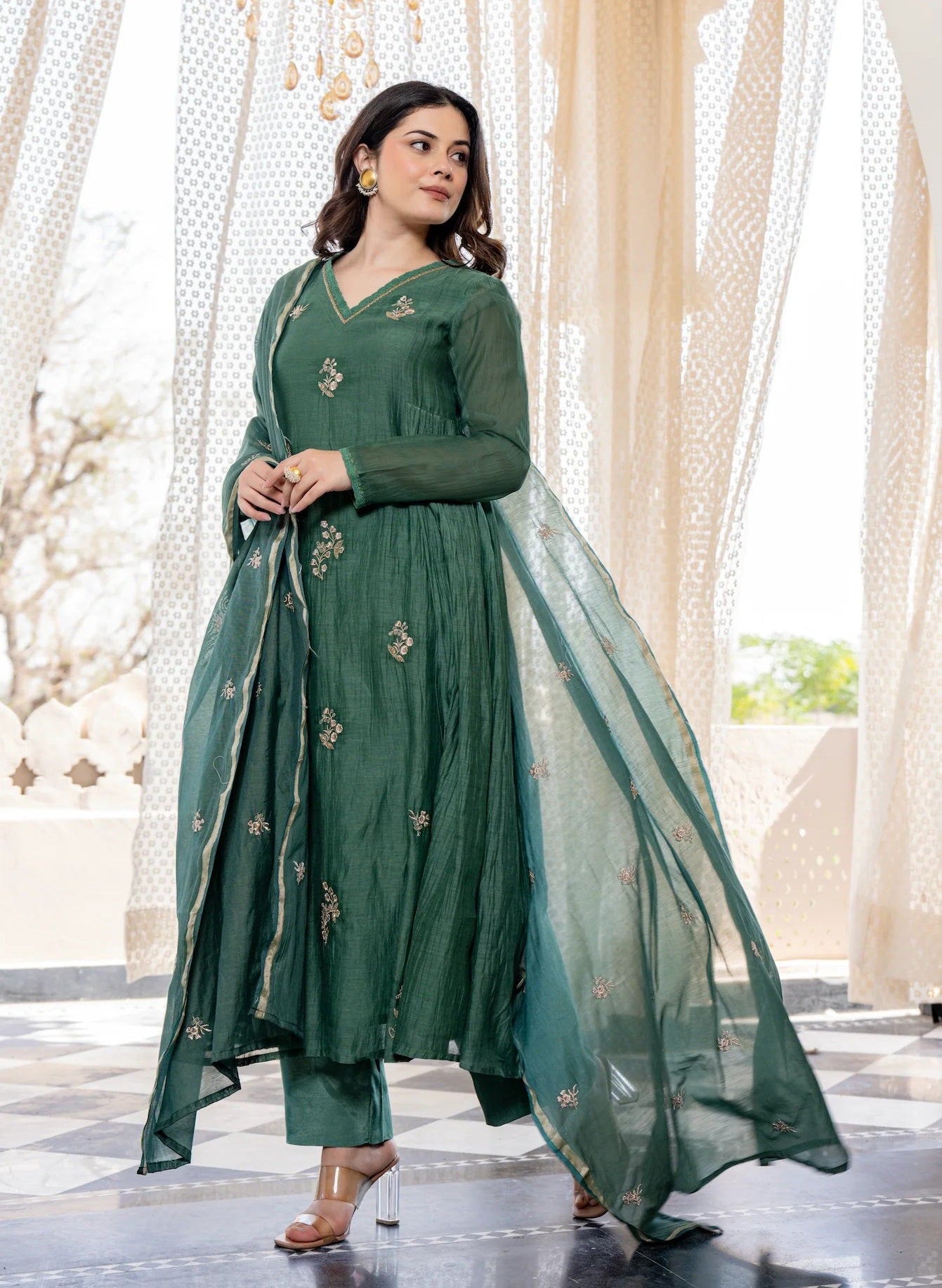 Ethnic Set Women Silk Embroidery Anarkali Kurta and Pant Set with Dupatta
