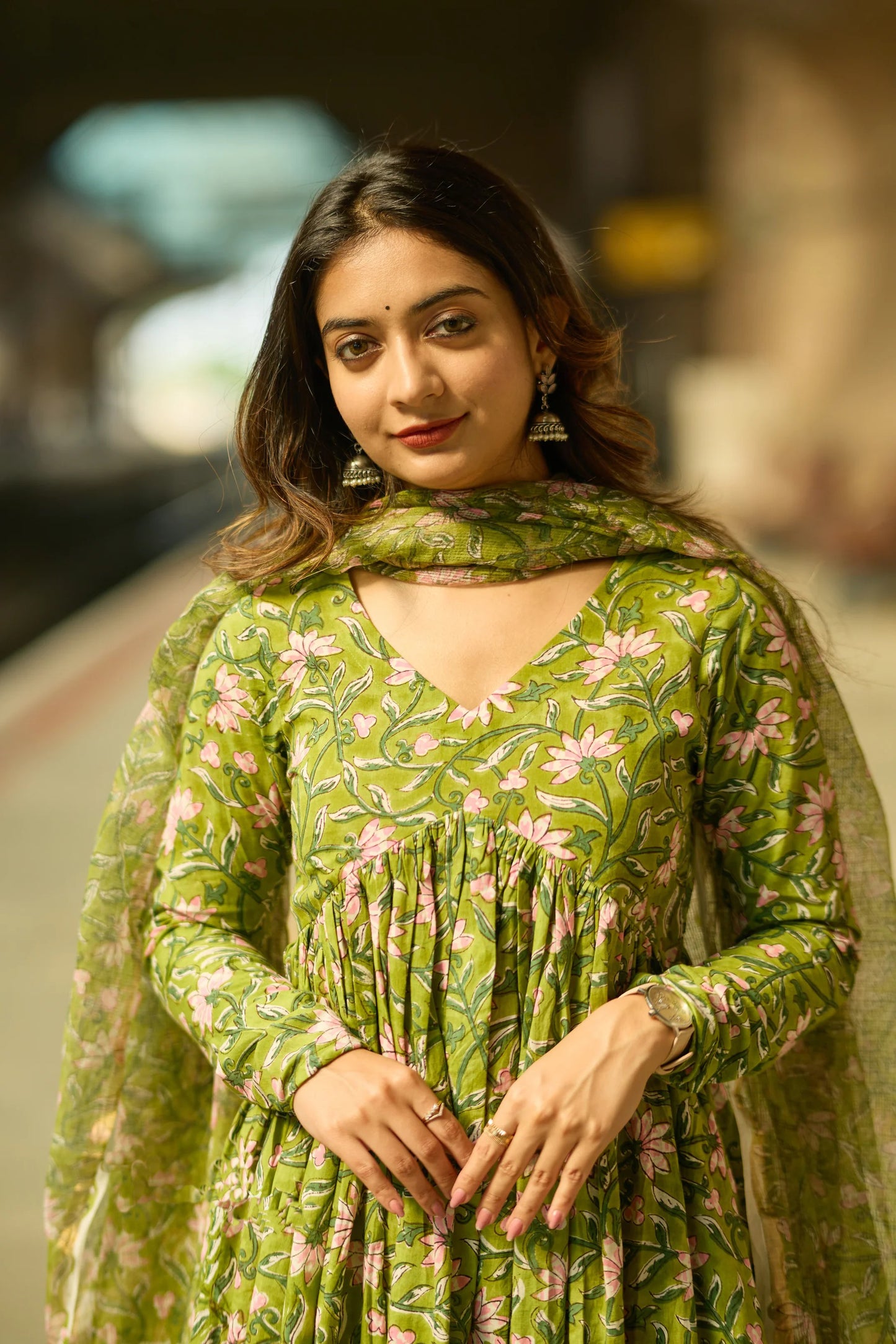 Ethnic Set Women Printed Anarkali Kurta and Pant with Dupatta