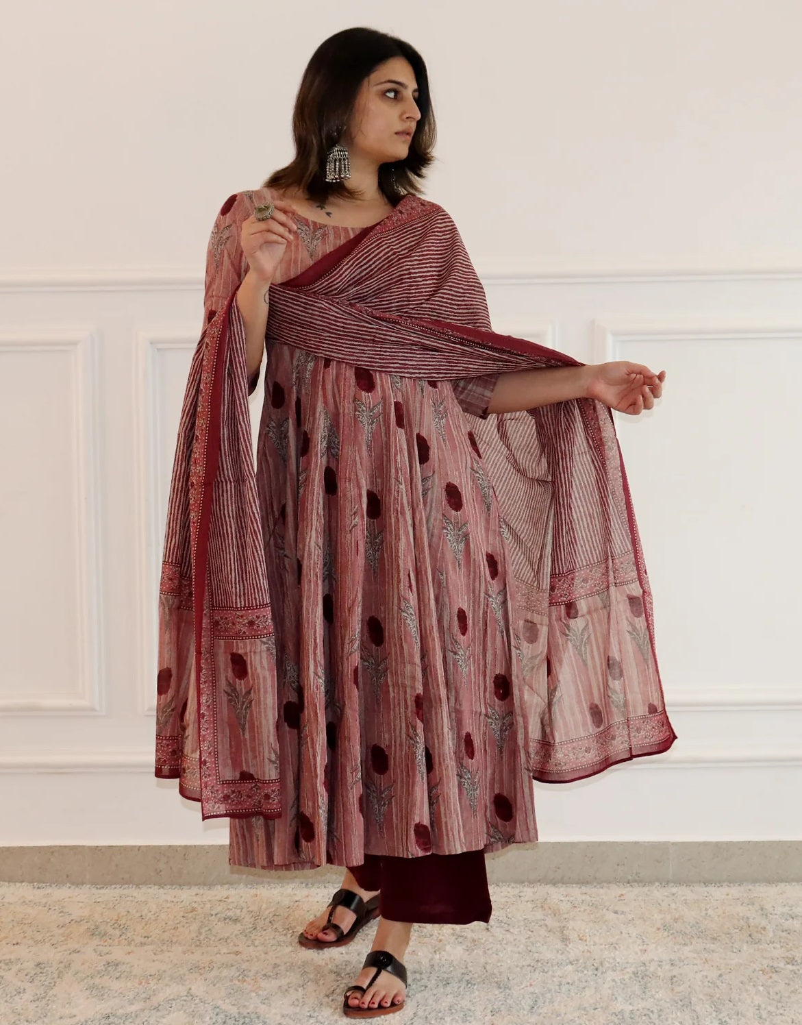 Ethnic Set Women Printed Anarkali Kurta and Pant Set with Dupatta