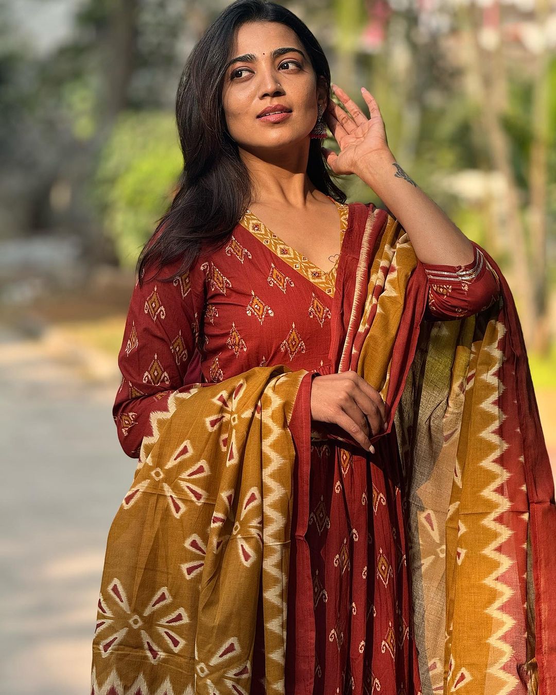 Ethnic Set Women Printed Red Anarkali Kurta and Pant Set With Dupatta