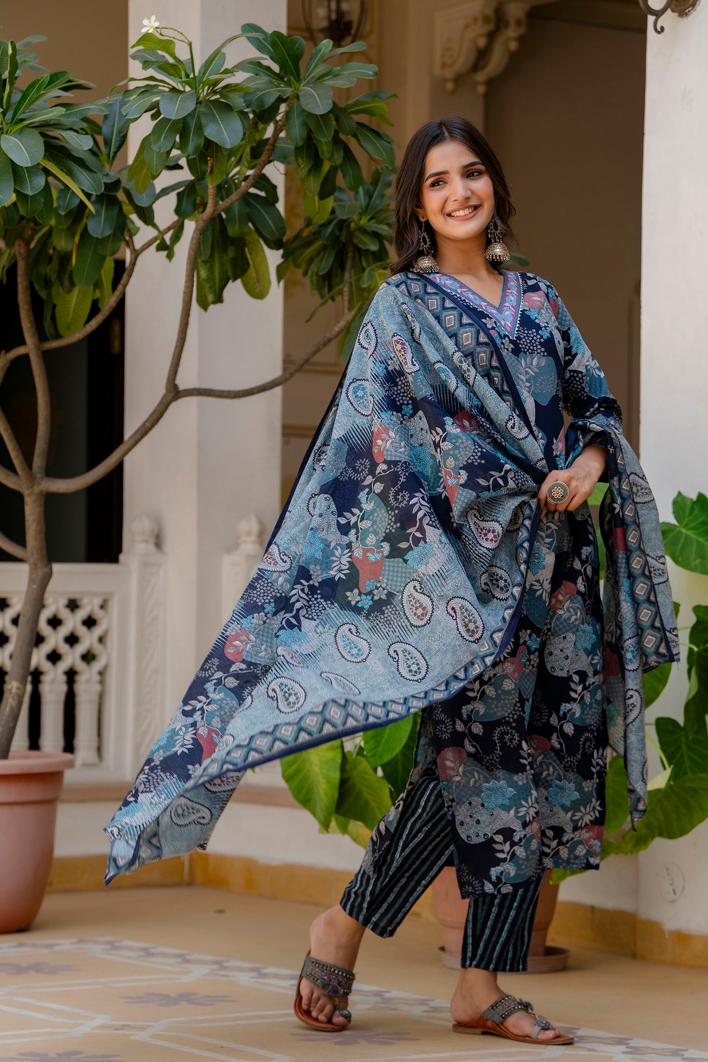 Ethnic Set Women Printed A-Line Kurta and Pant set with Dupatta