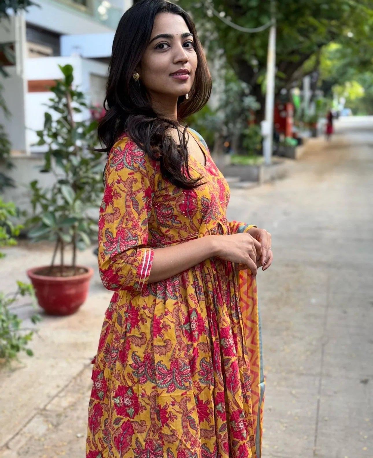 Ethnic Set Women Floral Printed Anarkali Yellow Kurta And Pant Set With Dupatta