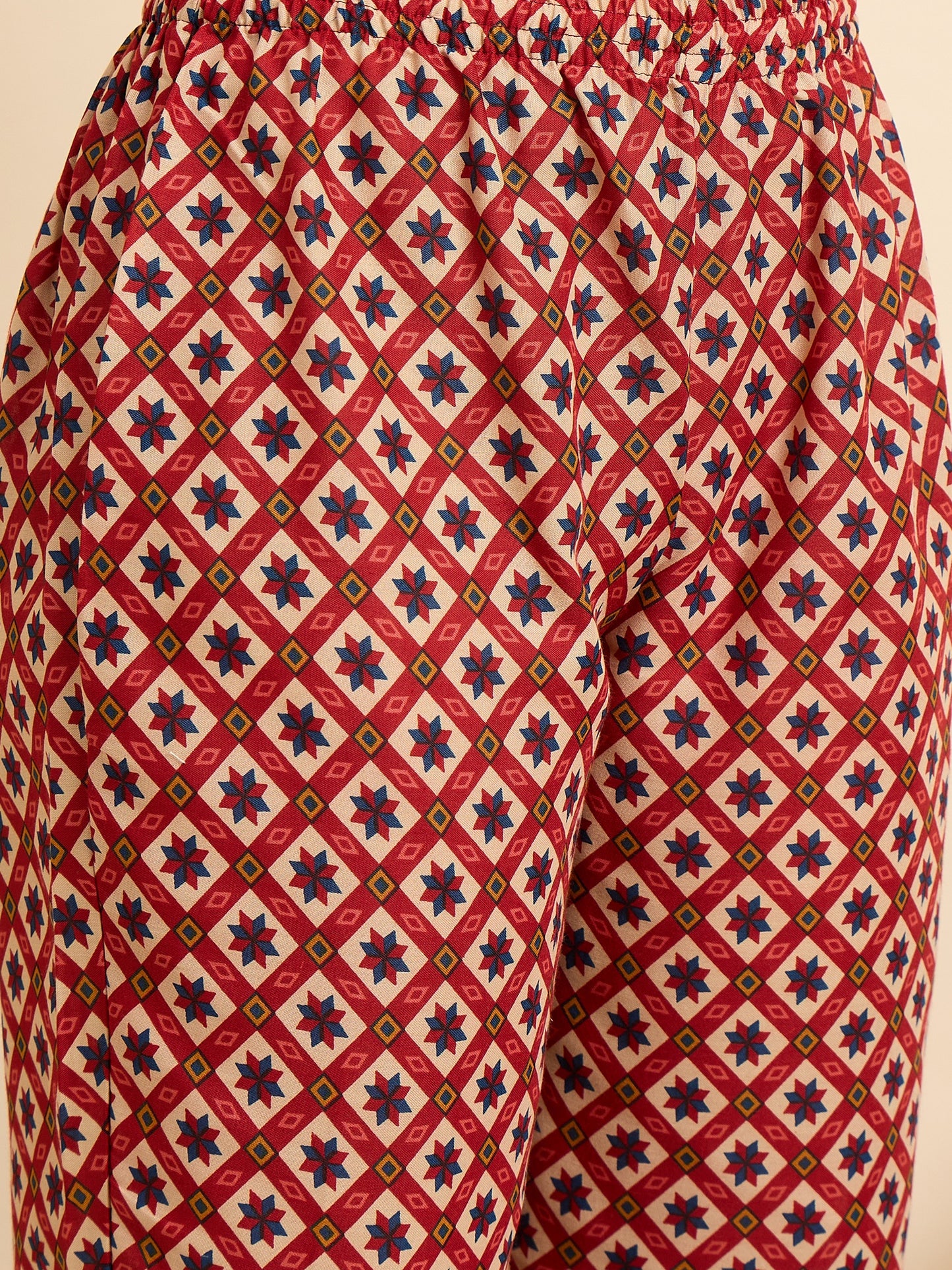 Ethnic Set Women Printed A-Line Red Kurta And Pant Set With Dupatta
