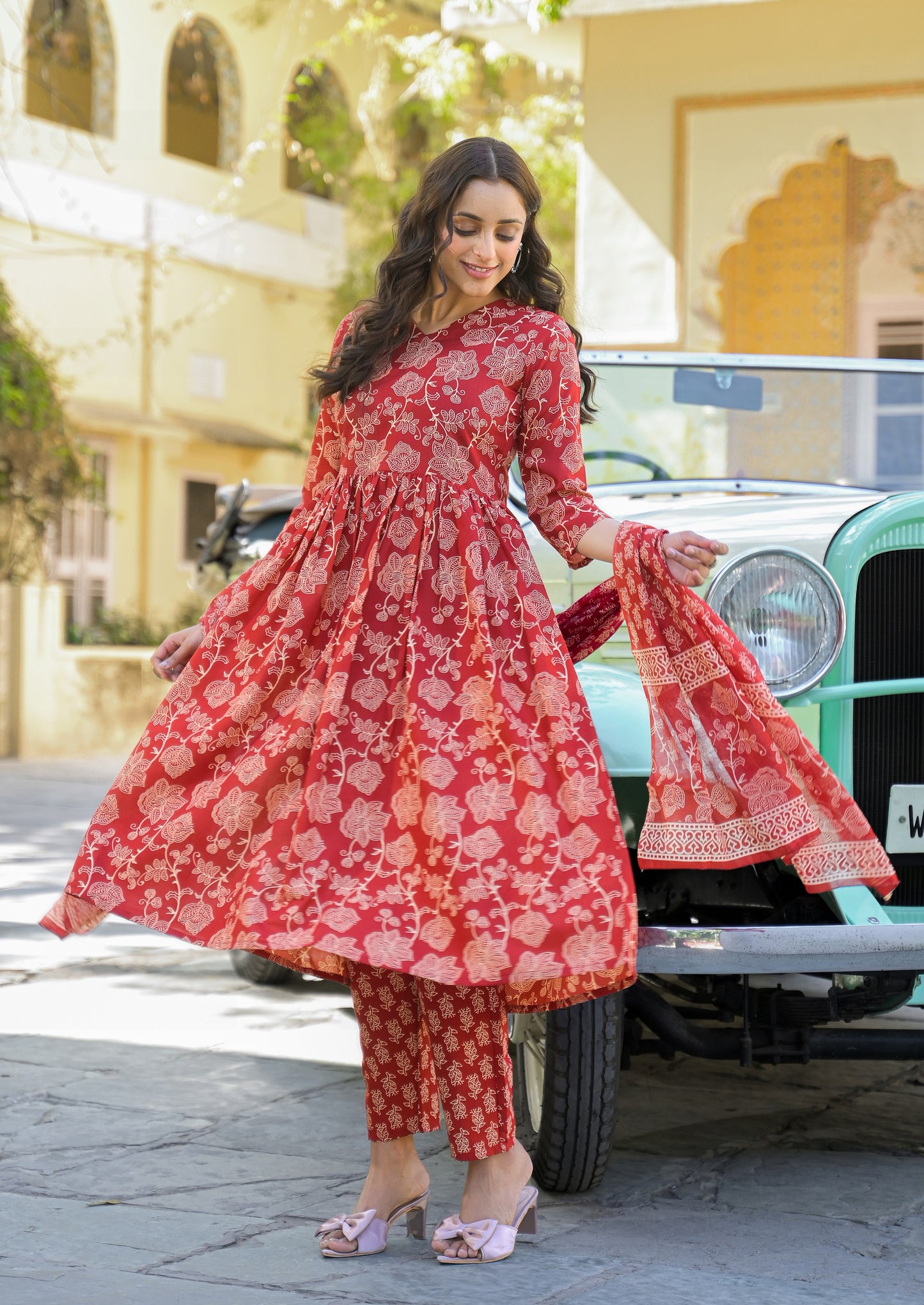 Ethnic Set Women Floral Printed Anarkali Red Kurta And Pant Set With Dupatta