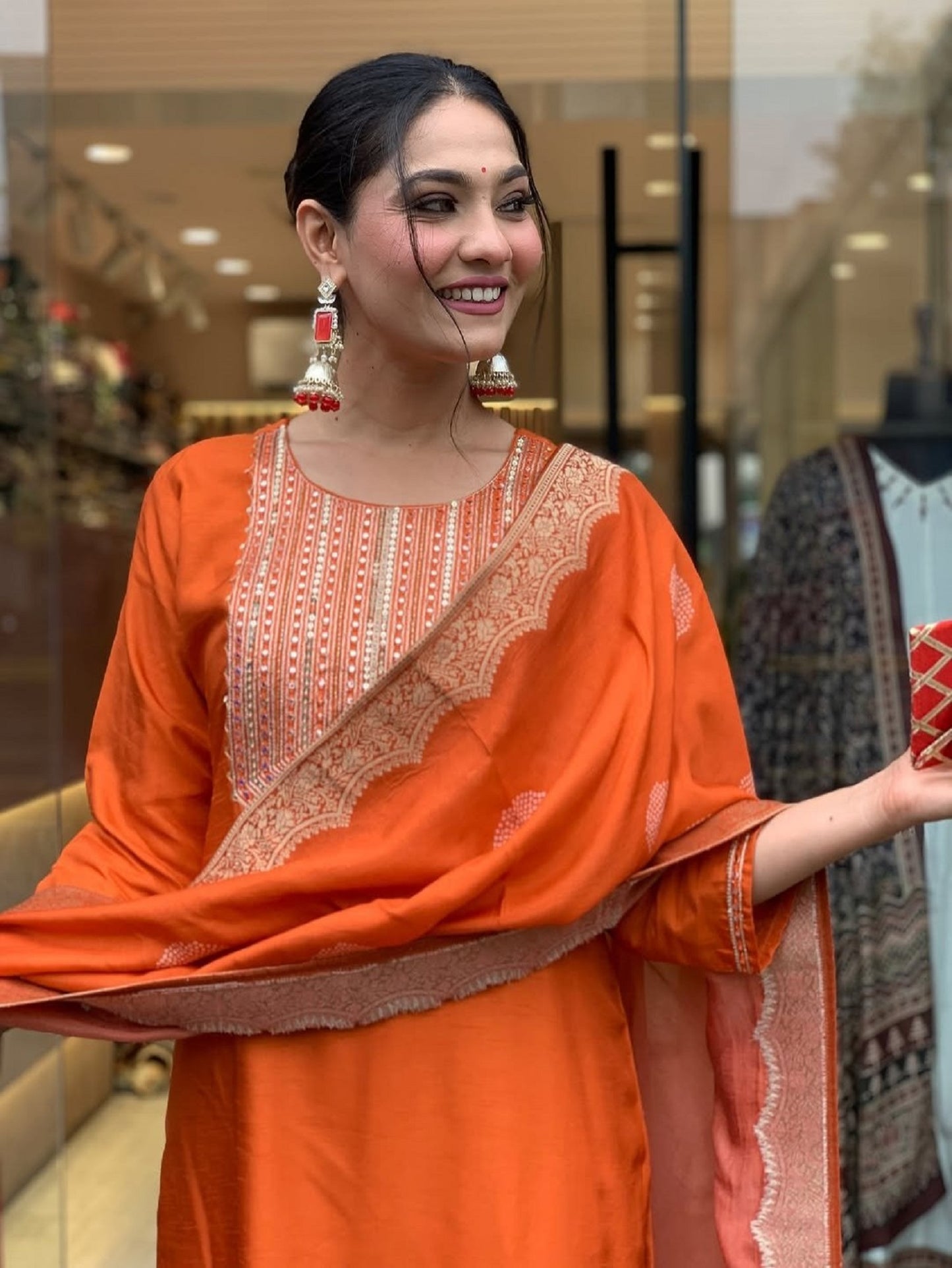 Ethnic Set Women Embroidered Straight Kurta And Pant Set With Dupatta