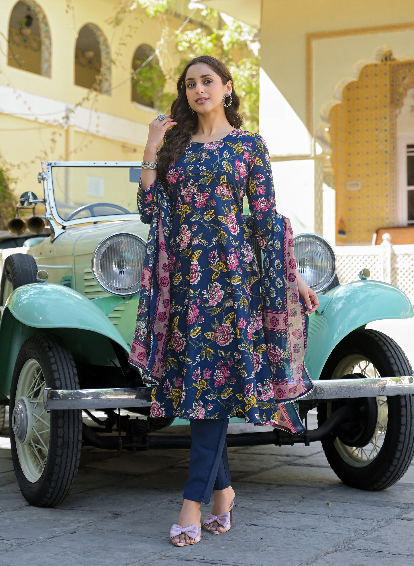 Ethnic Set Women Floral Printed Anarkali Blue Kurta And Pant Set With Dupatta