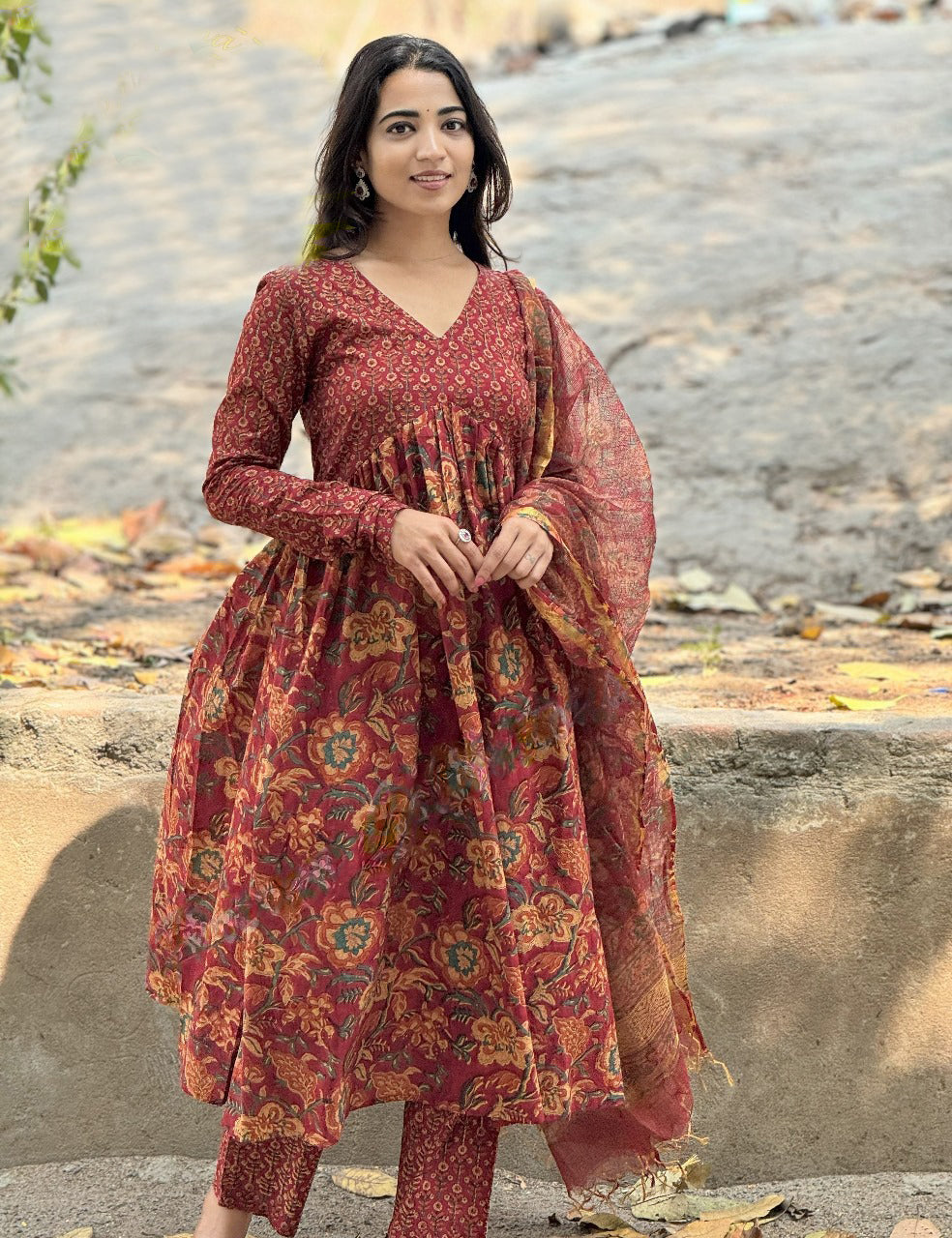 Ethnic Set Women Printed Anarkali Red Kurta and Pant Set With Dupatta