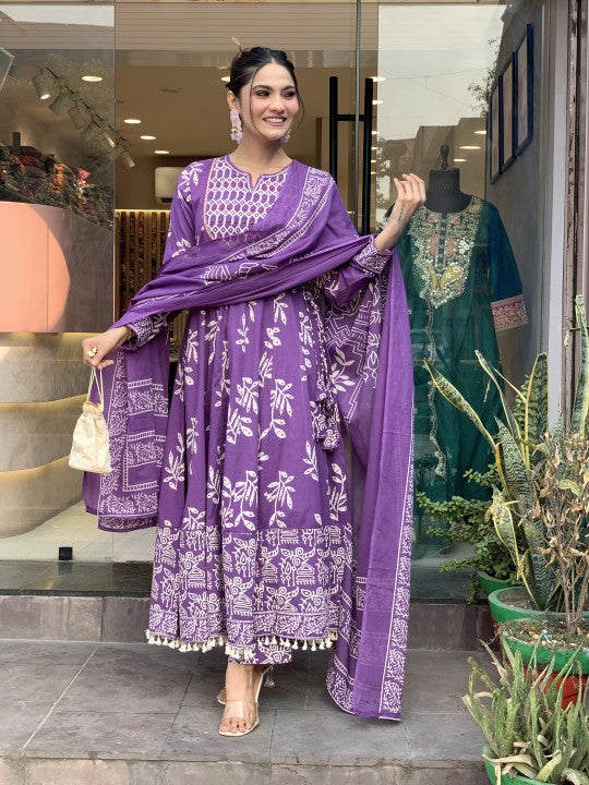 Ethnic Set Women Printed Anarkali Purple Kurta and Pant Set With Dupatta