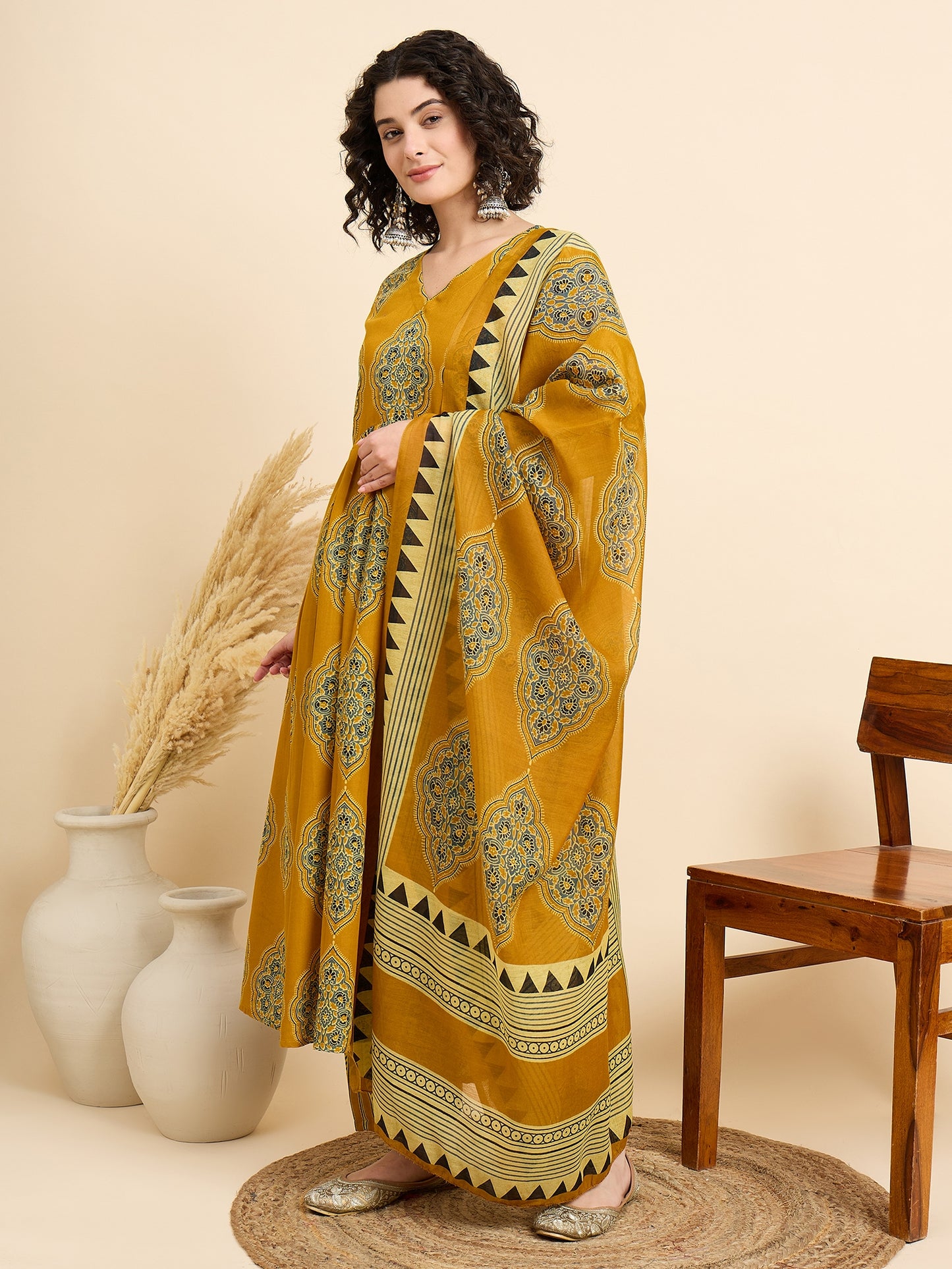 Ethnic Set Women Printed Anarkali Yellow Kurta And Pant Set With Dupatta