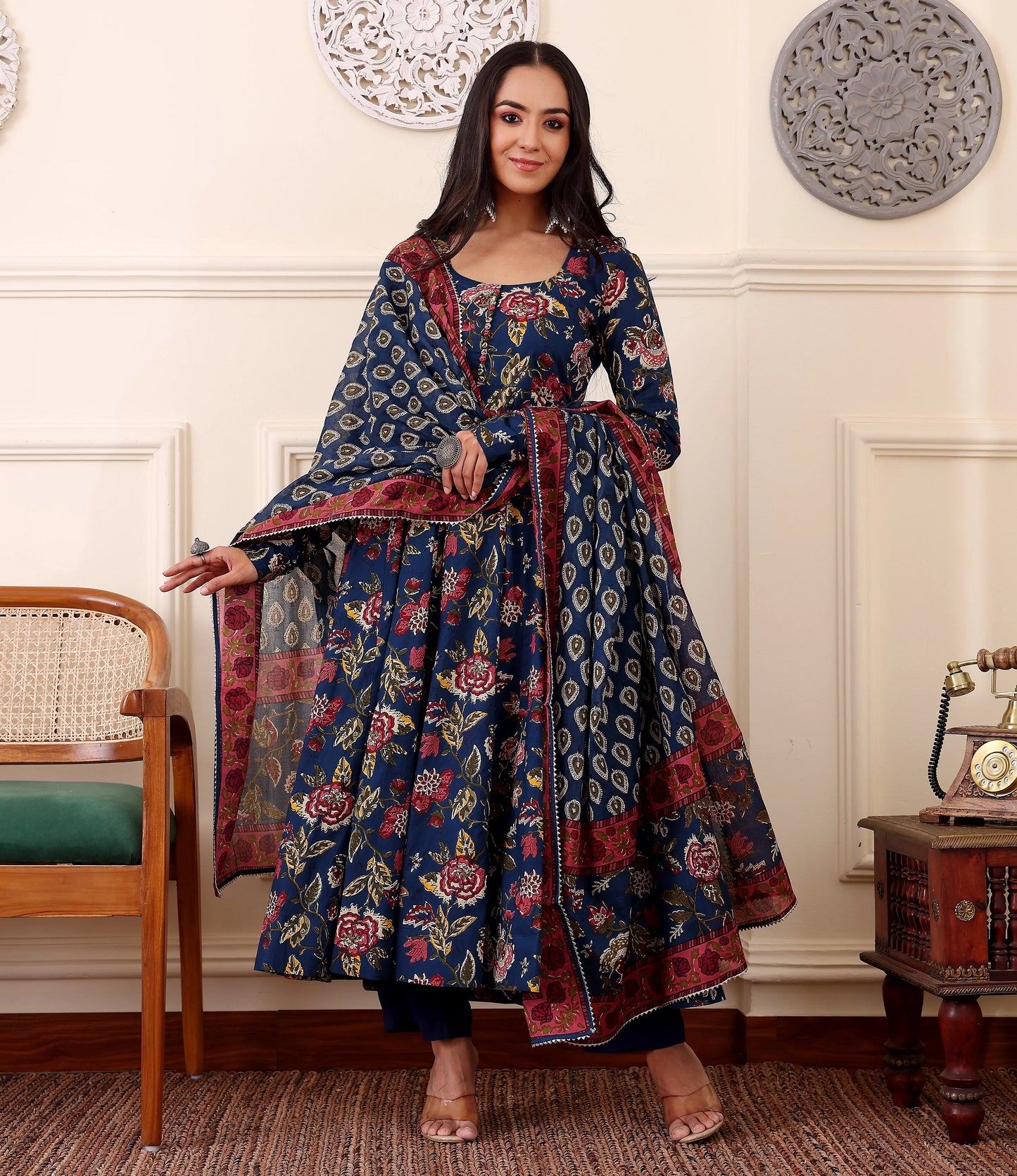 Ethnic Set Women Printed Anarkali Blue Kurta and Pant Set With Dupatta