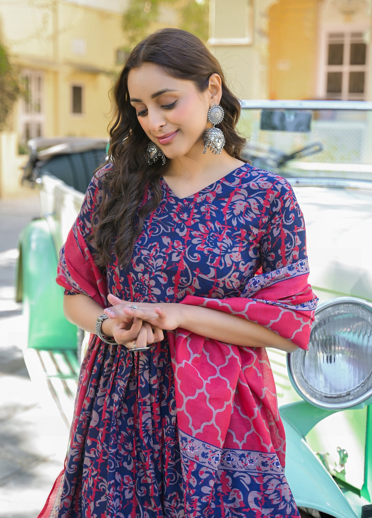 Ethnic Set Women Printed Anarkali Blue Kurta And Pant Set With Dupatta