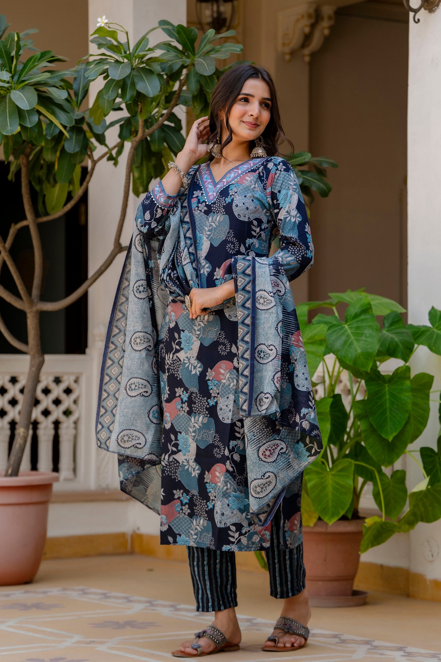 Ethnic Set Women Printed A-Line Kurta and Pant set with Dupatta