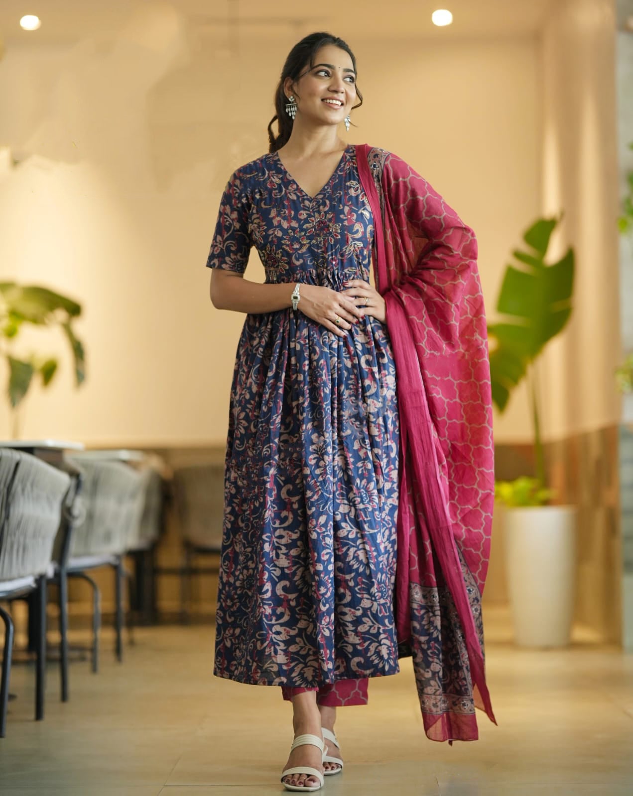 Ethnic Set Women Floral Anarkali Printed  Kurta and Pant Set With Dupatta