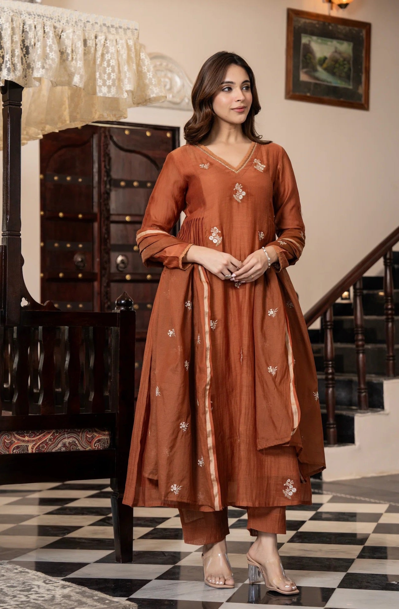 Ethnic Set Women Silk Embroidery Anarkali Kurta and Pant Set with Dupatta