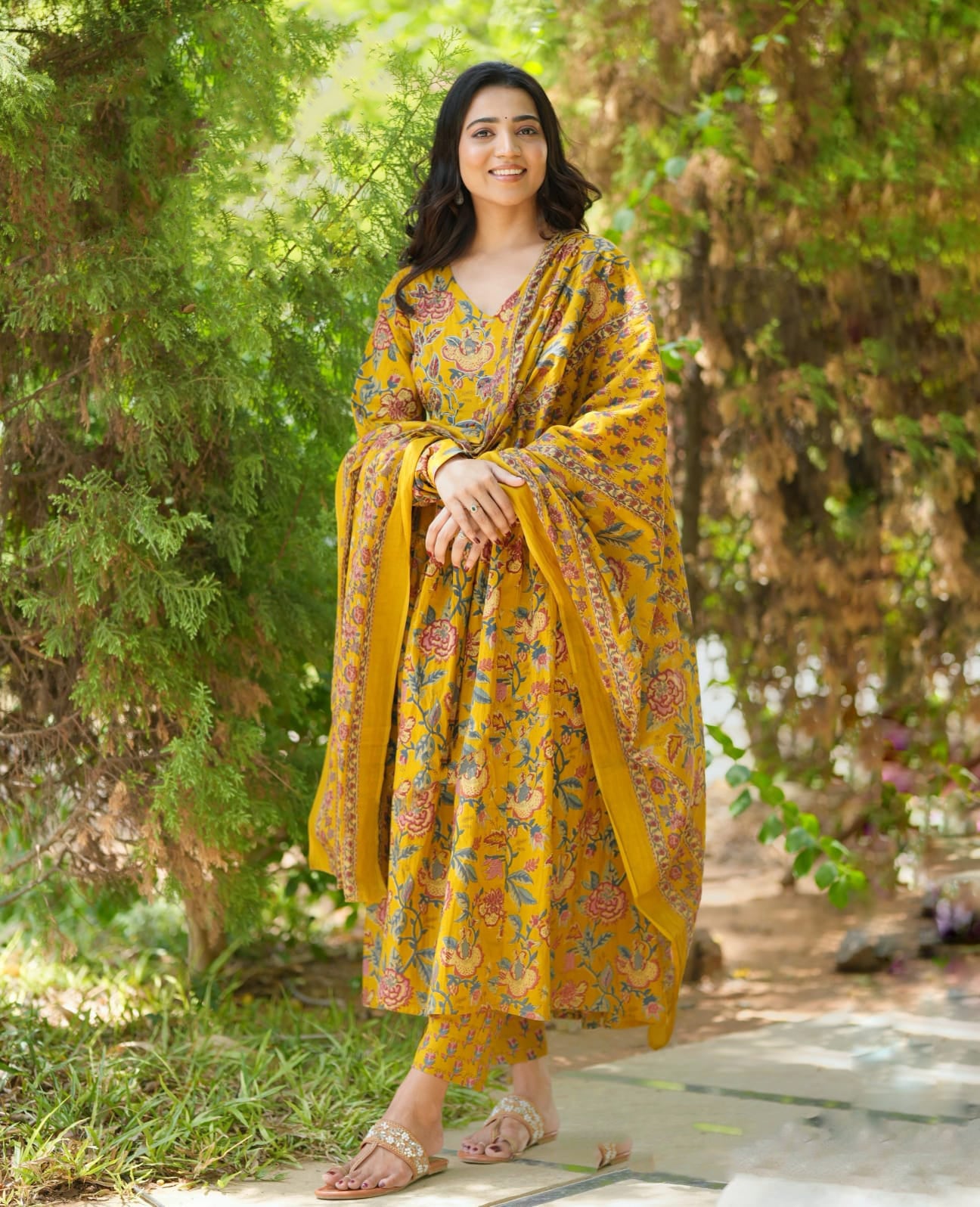 Ethnic Set Women Printed Floral Anarkali Yellow Kurta and Pant Set With Dupatta