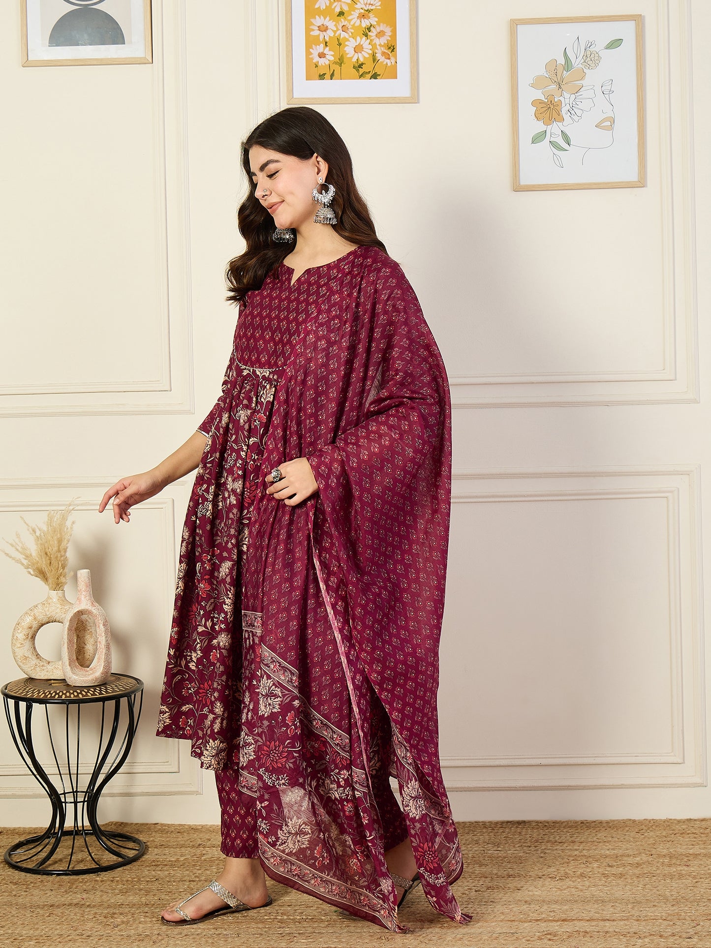 Ethnic Set Women Floral Printed Anarkali Maroon Kurta and Pant Set With Dupatta
