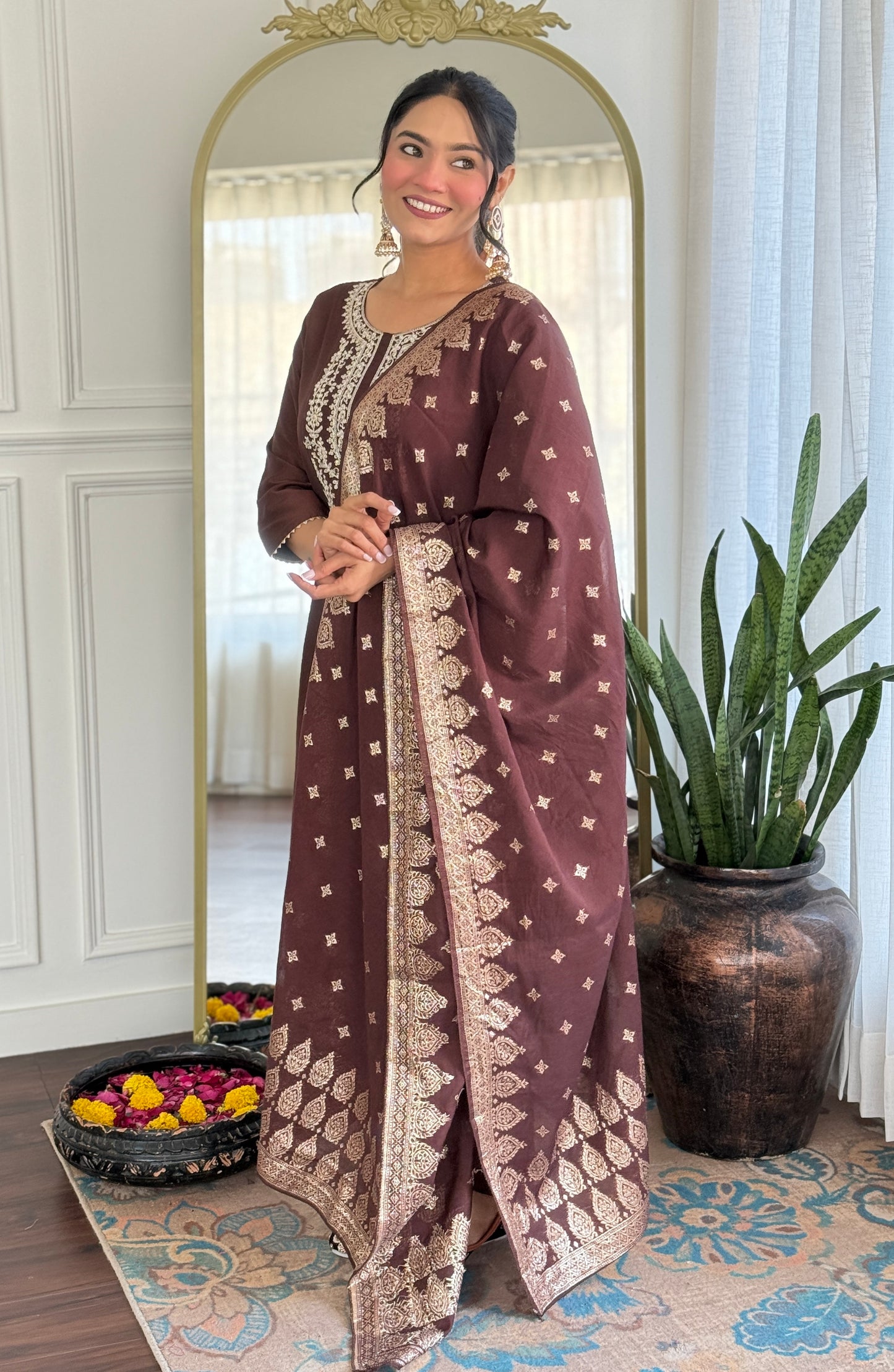 Elegant Solid Embroidered Kurta Set for Women – Festive Wear with Dupatta