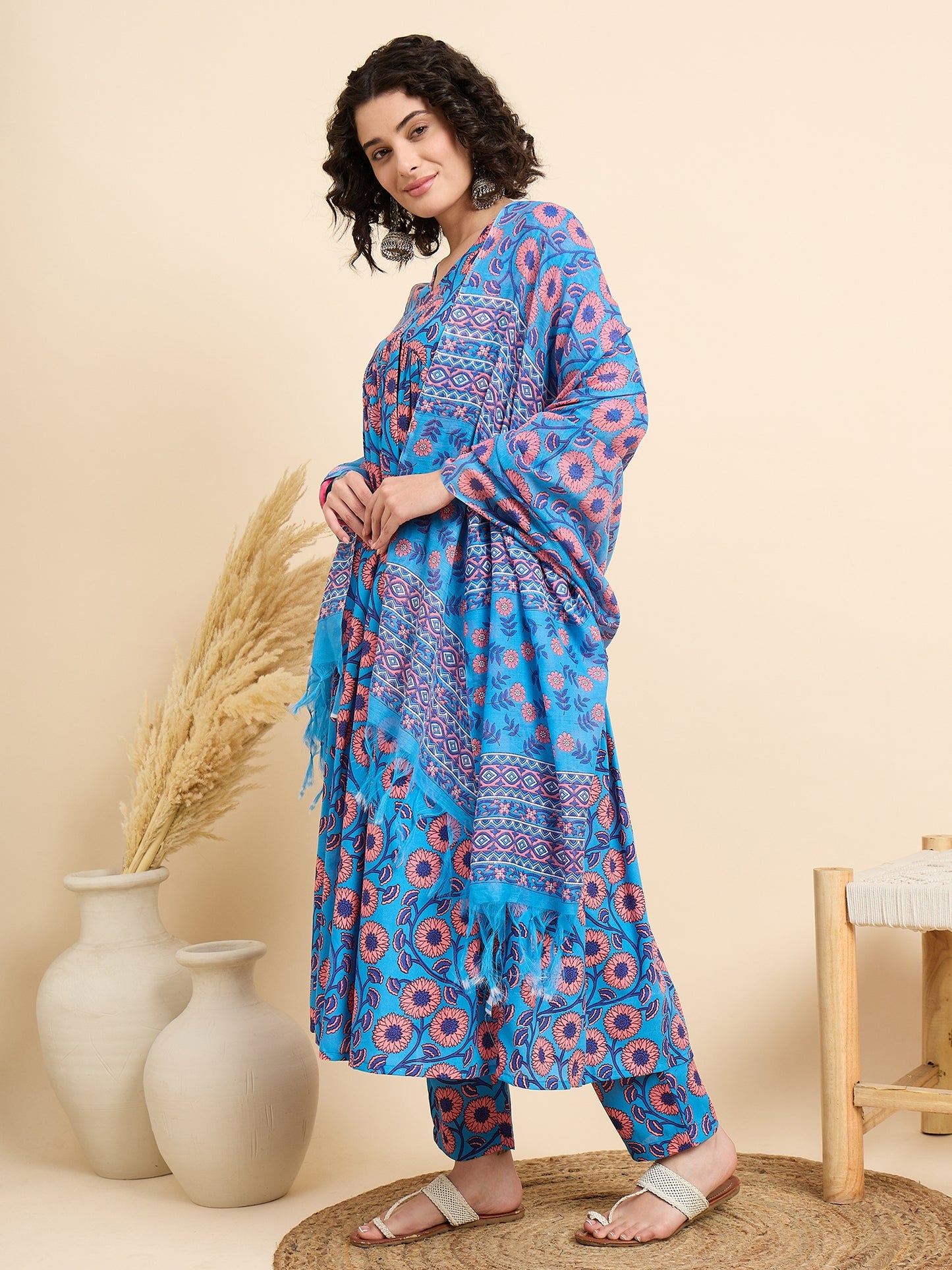 Ethnic Set Women Printed Anarkali Blue Kurta And Pant Set With Dupatta