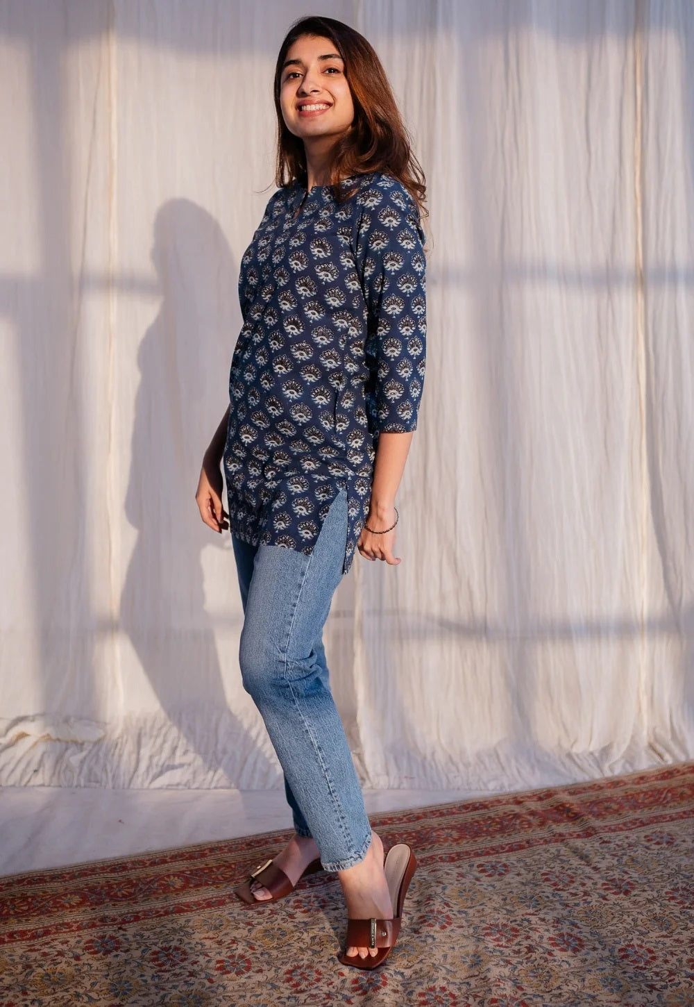 Ethnic Set Women Printed Straight Blue Short Kurta