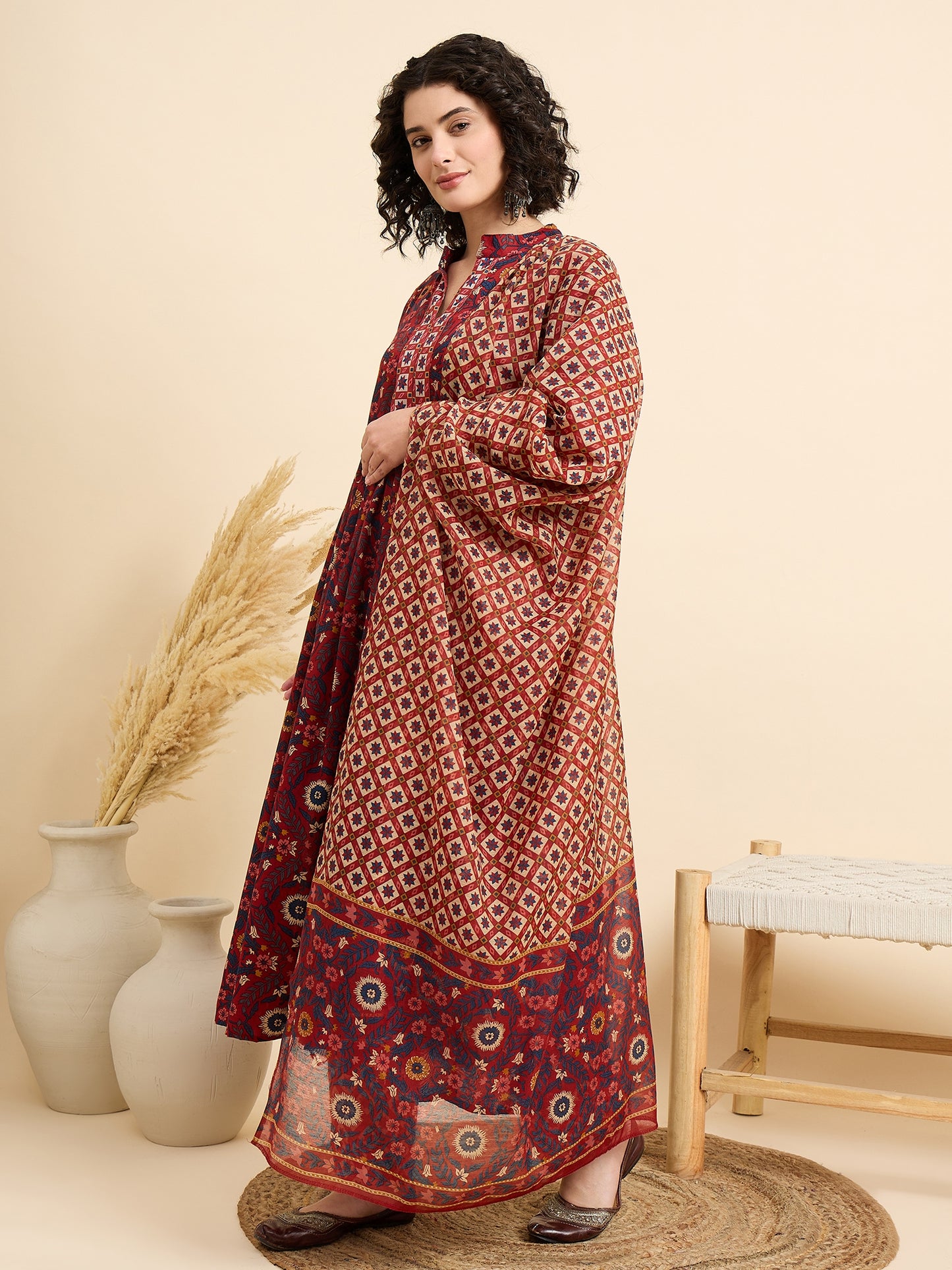 Ethnic Set Women Printed A-Line Red Kurta And Pant Set With Dupatta