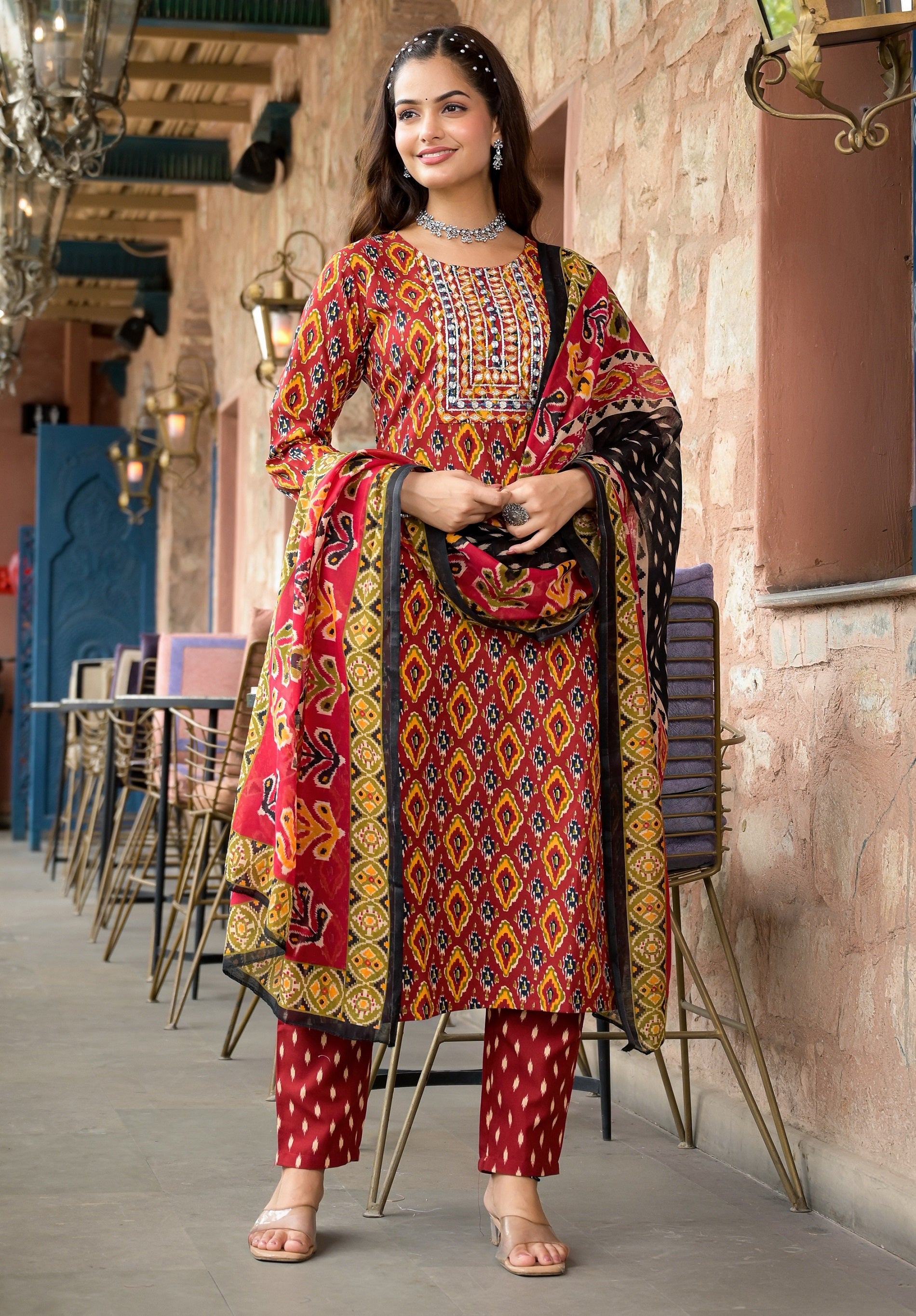 Ethnic Set Women Embroidery Straight Kurta and Pant set with Dupatta - Ethnic Set