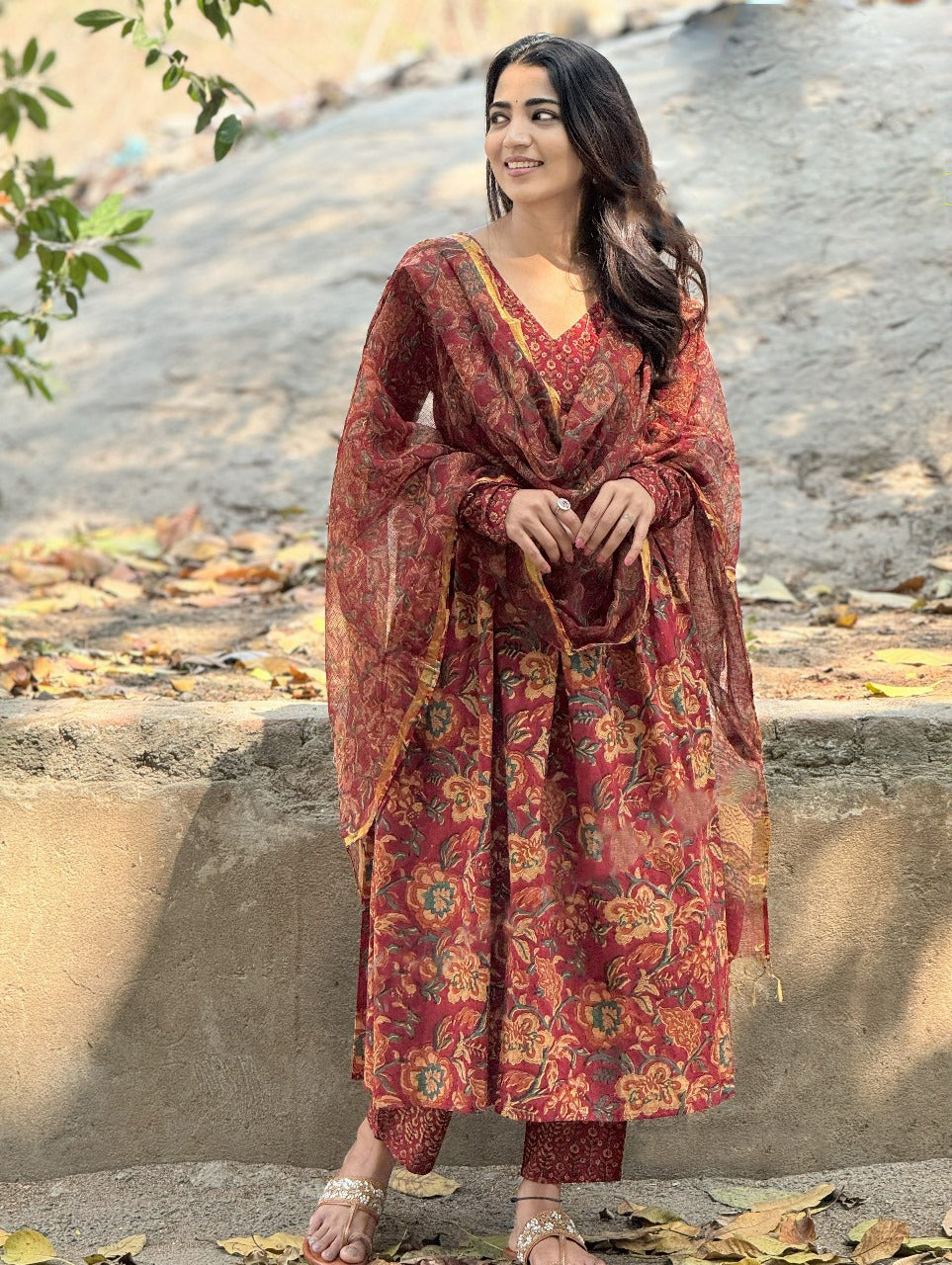 Ethnic Set Women Printed Anarkali Red Kurta and Pant Set With Dupatta