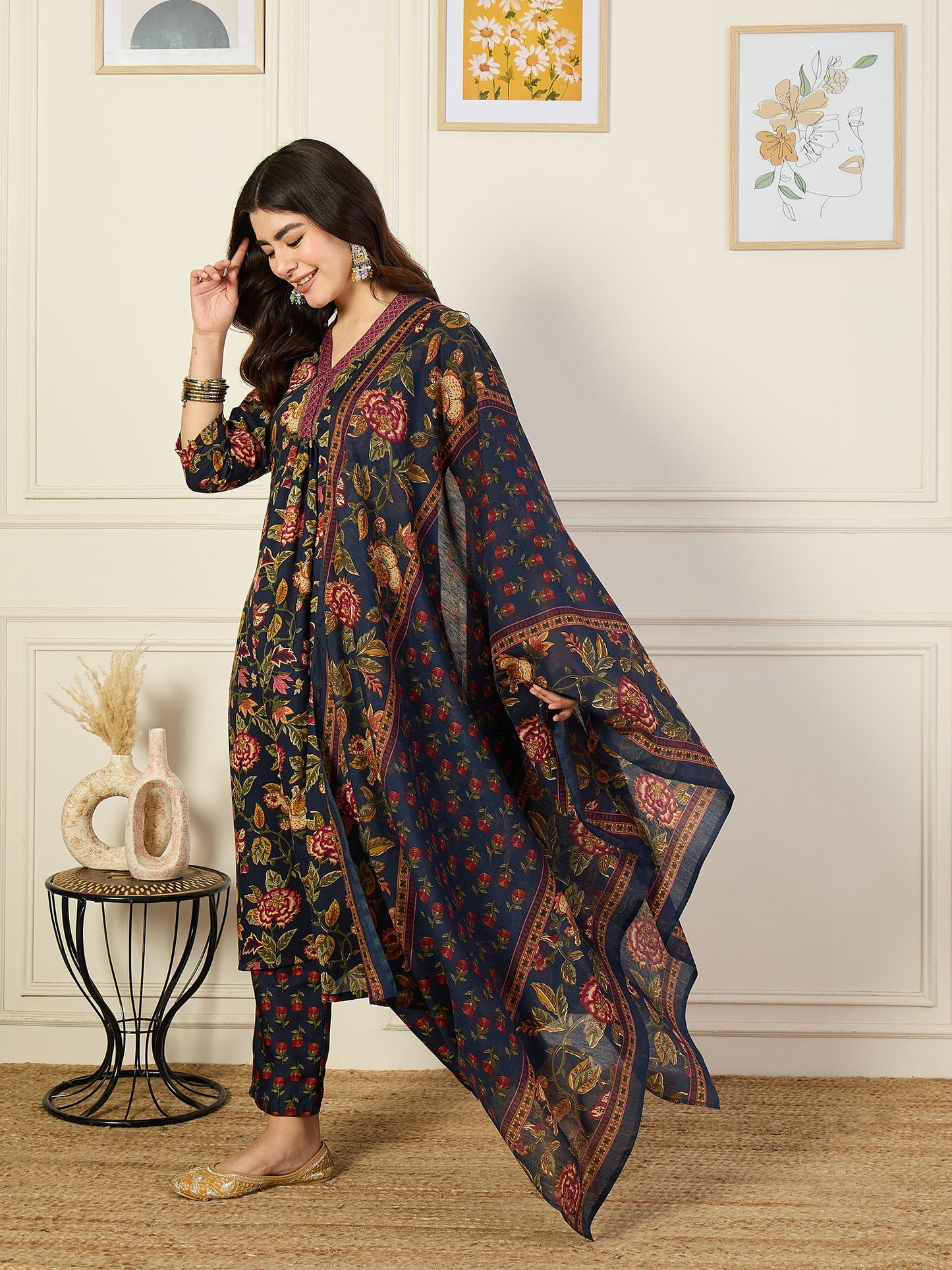 Ethnic Set Women Printed A-Line Floral Blue Kurta and Pant Set With Dupatta