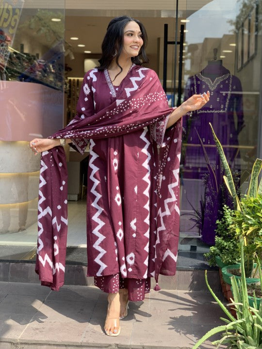 Ethnic Set Women Printed A-Line Purple Kurta and Pant Set With Dupatta