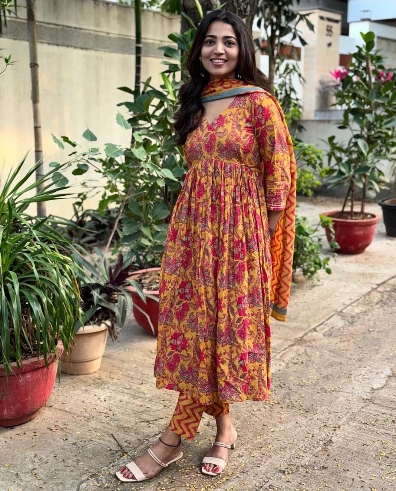Ethnic Set Women Floral Printed Anarkali Yellow Kurta And Pant Set With Dupatta